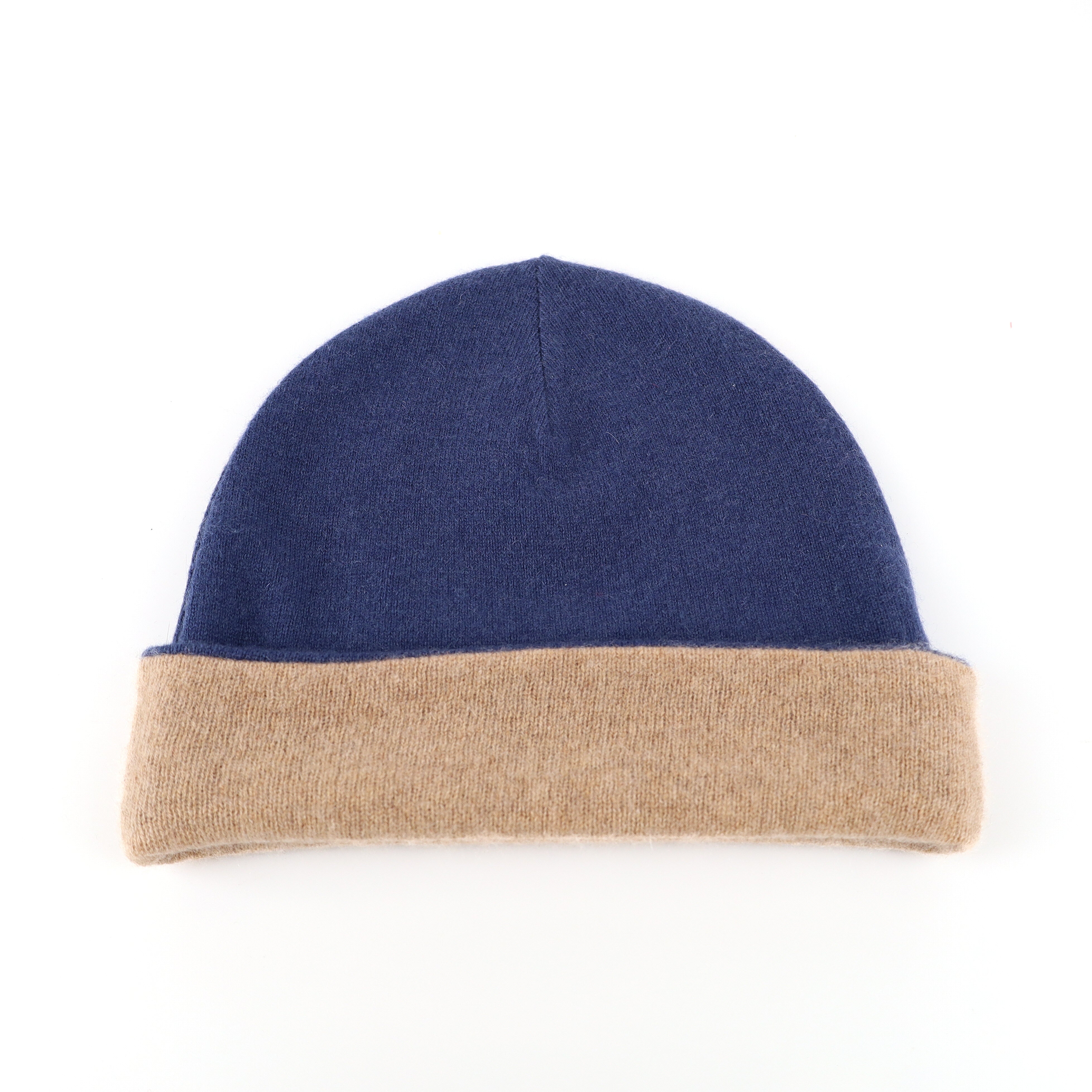 Denim Blue and Camel Cashmere Beanie Hat