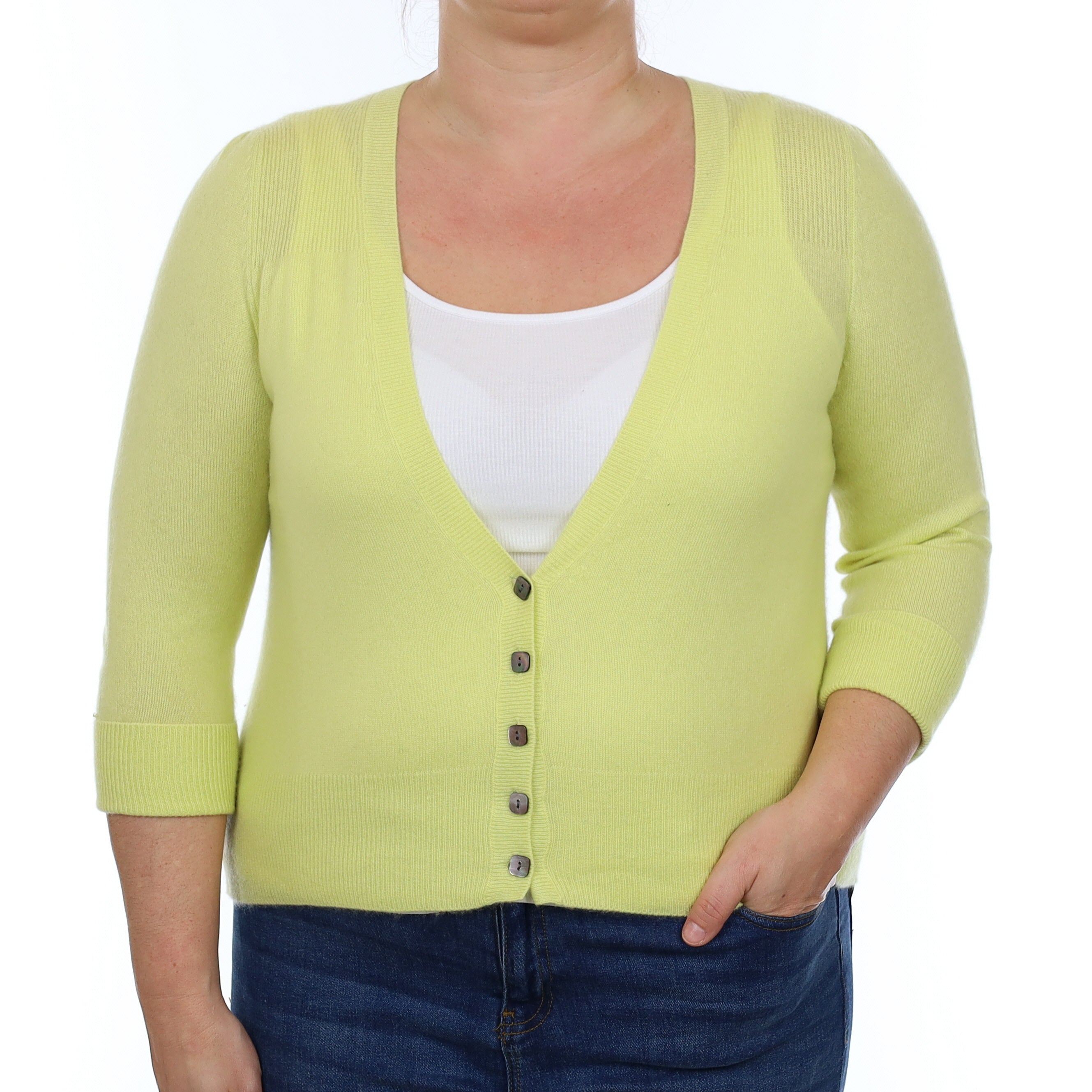 Primrose Yellow Cashmere 3/4 Sleeve V Neck Cardigan Large