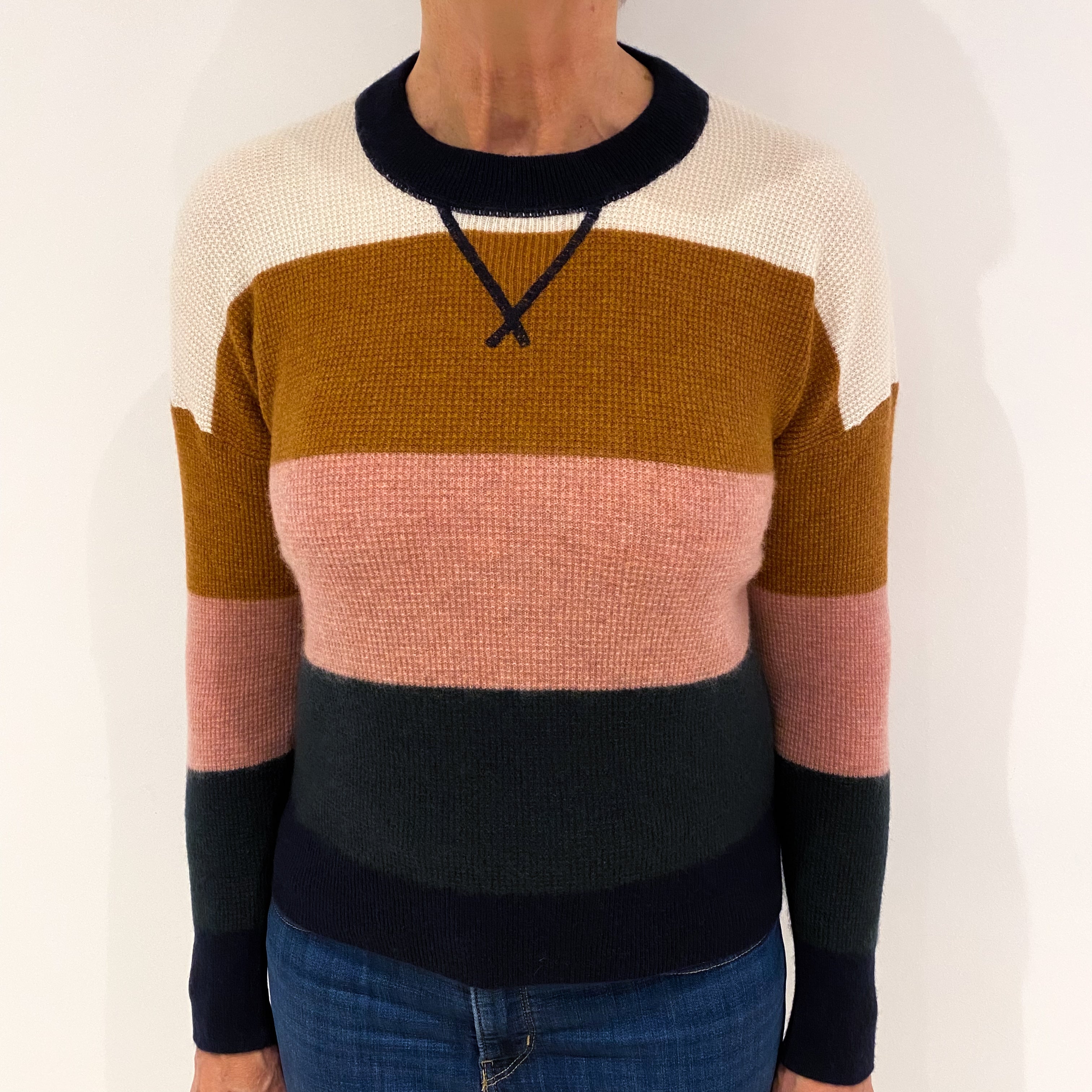 Colourful Striped Waffle Cashmere Crew Neck Jumper Medium