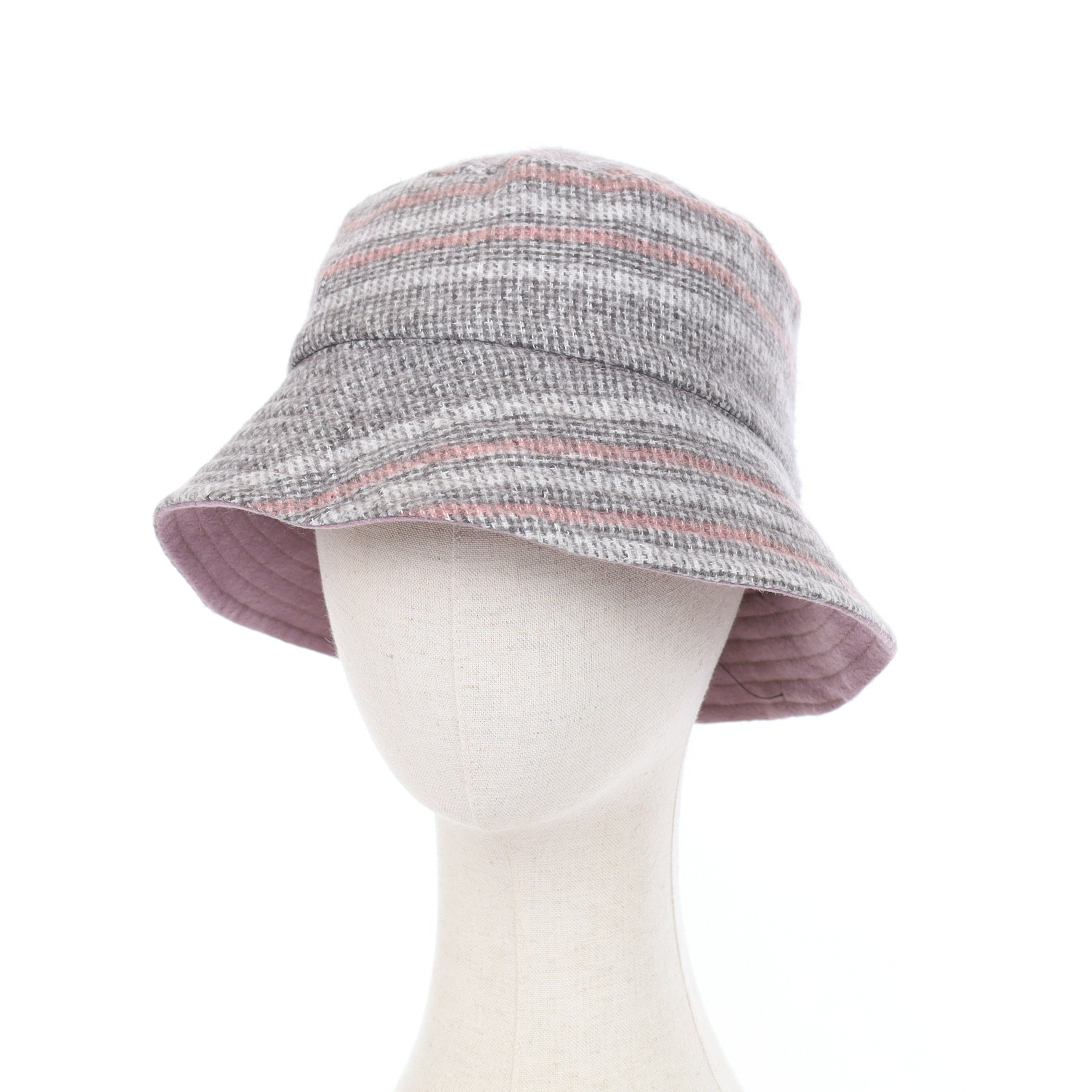 Pink and Grey Patterned Reversible Cashmere Bucket Hat Medium