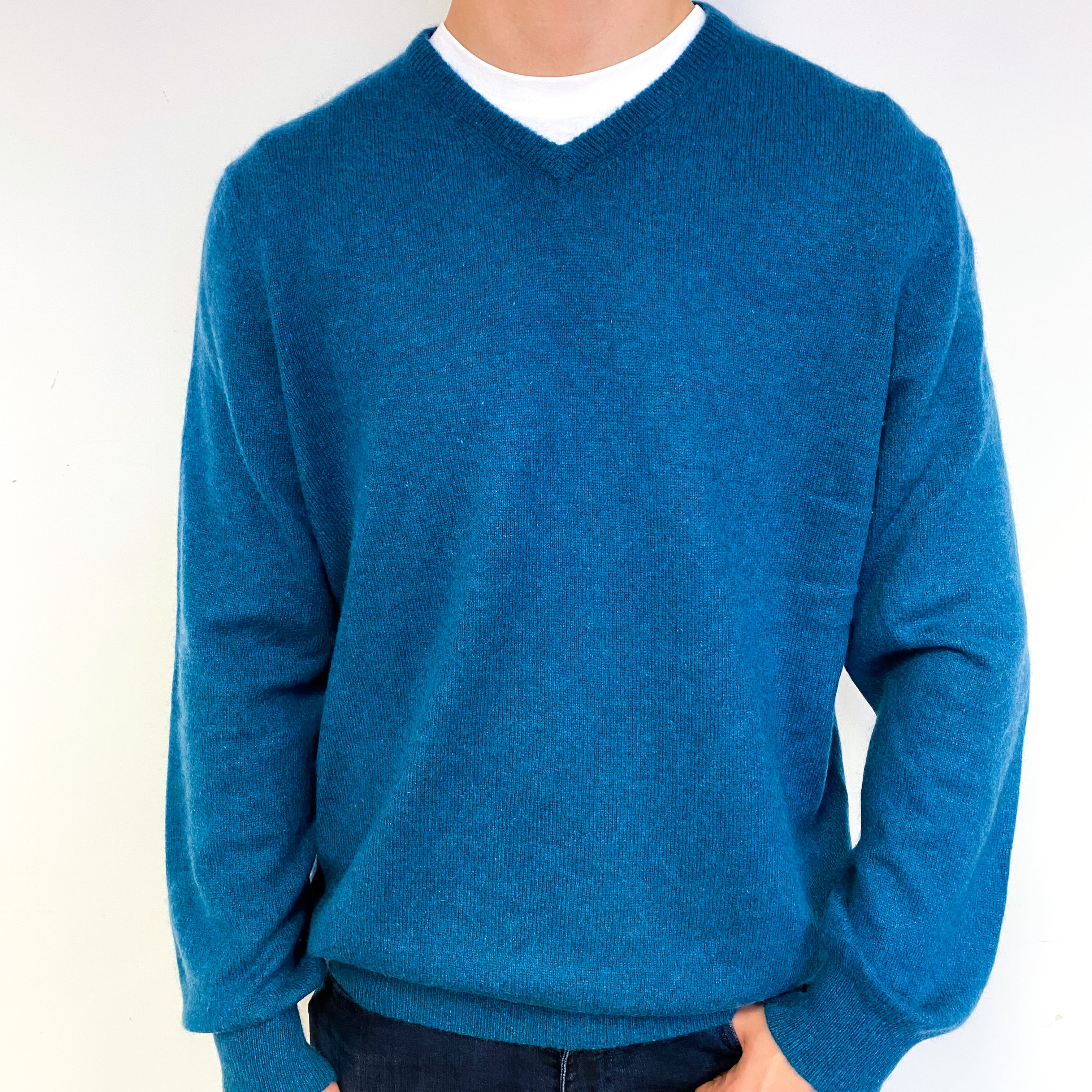 Men's Peacock Blue Cashmere V-Neck Jumper Extra Large