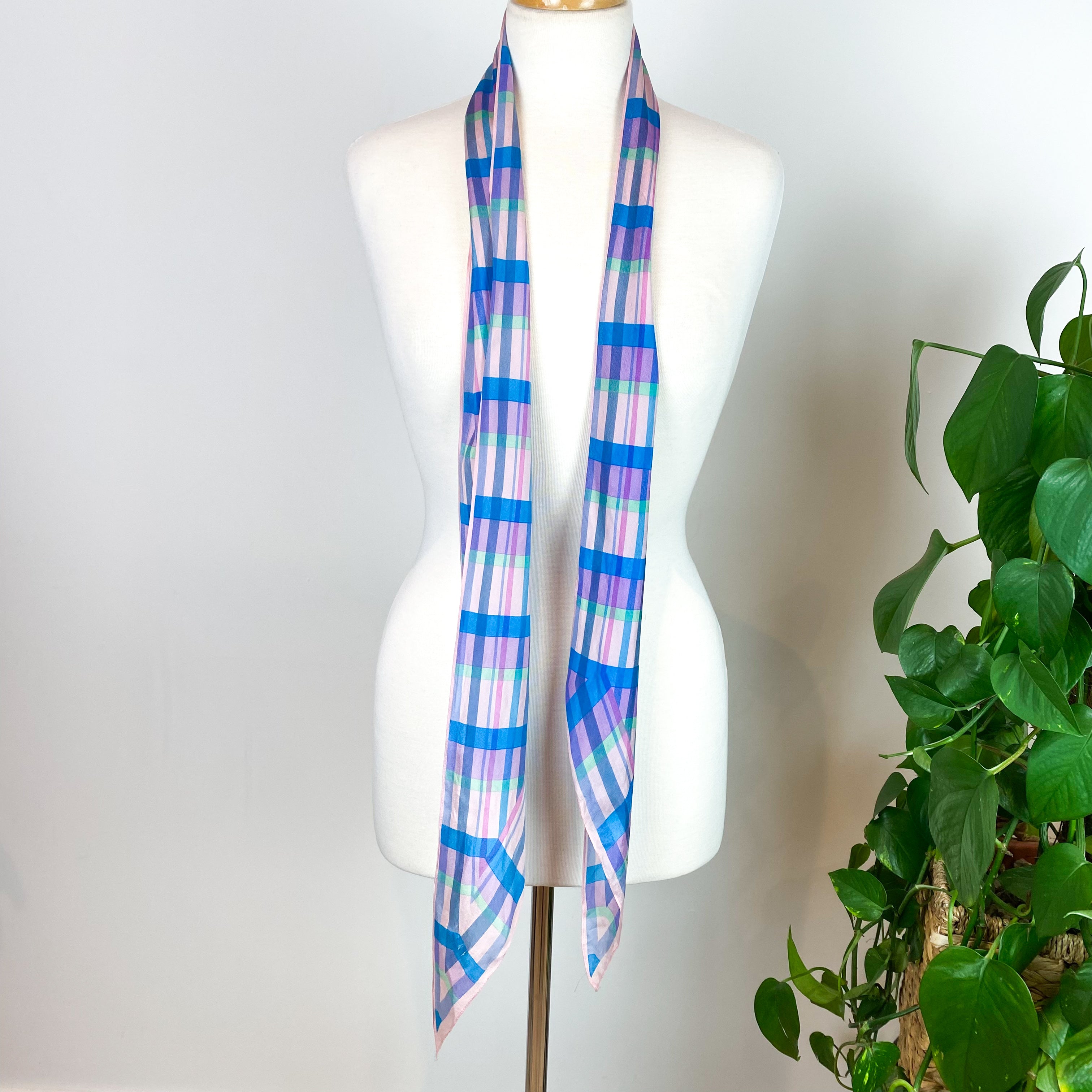 Long Pussy Bow Checked Vintage Silk Scarf