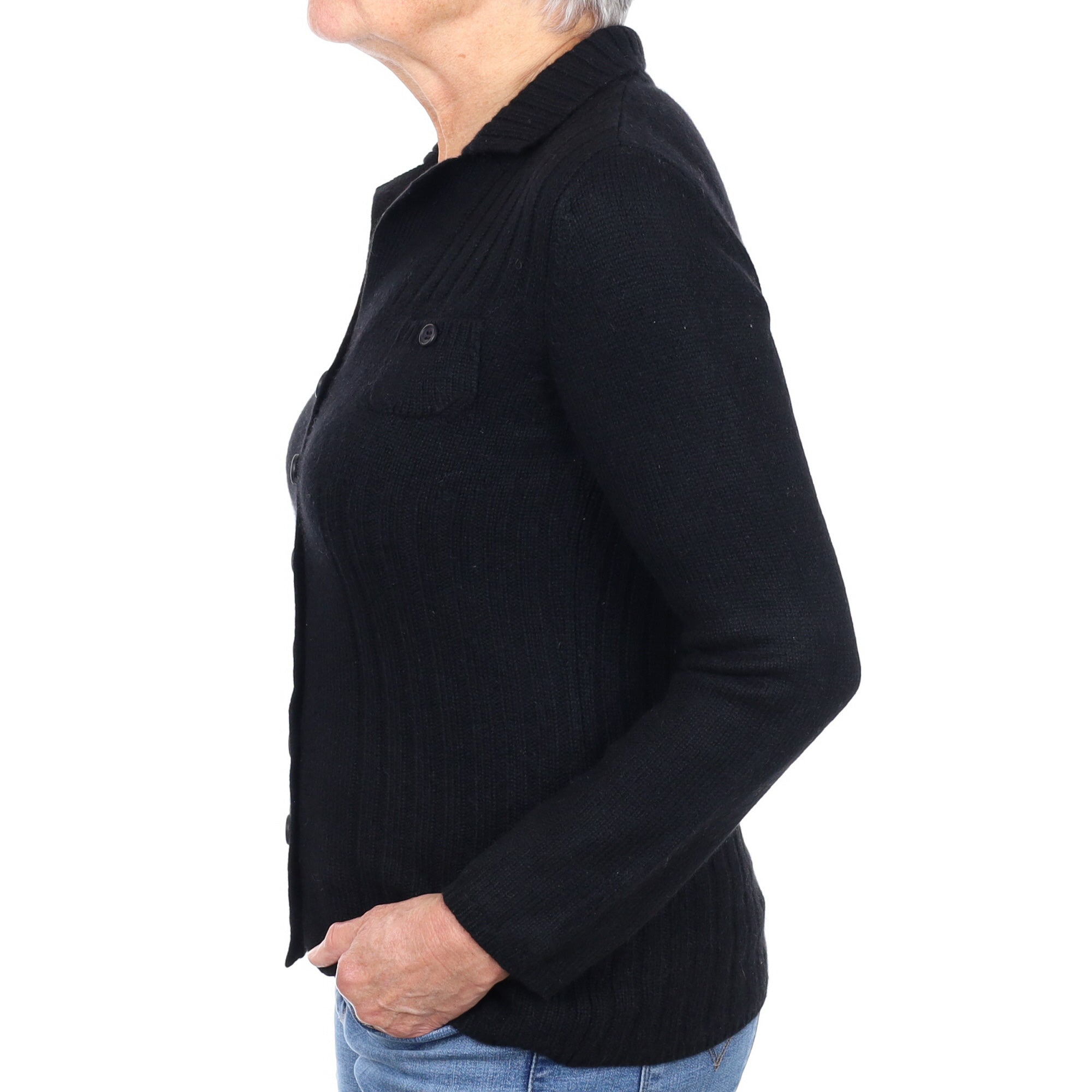 Black Cashmere Chucky Collared V Neck Cardigan Medium