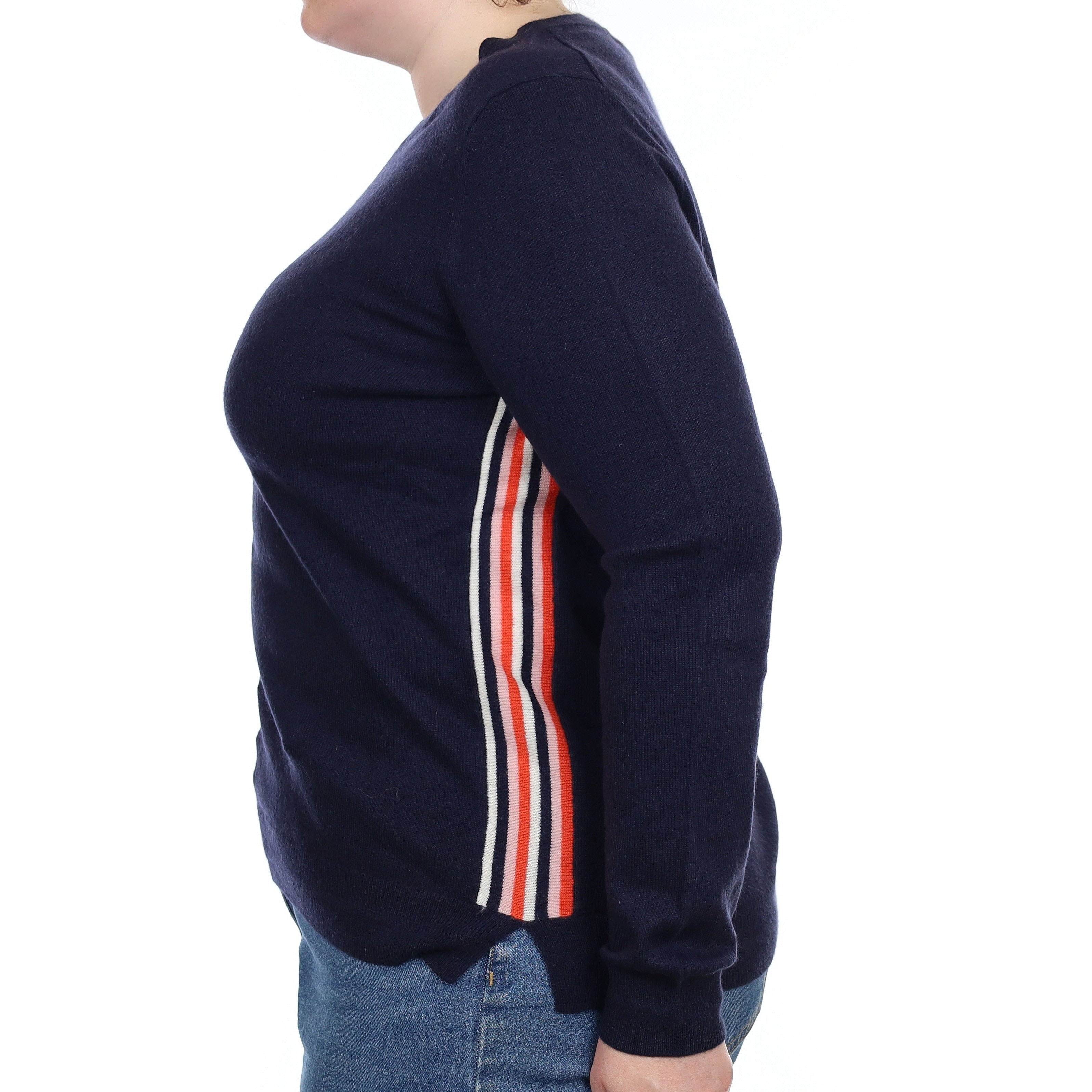 Navy with Orange Stripes Cashmere Crew Neck Jumper Large
