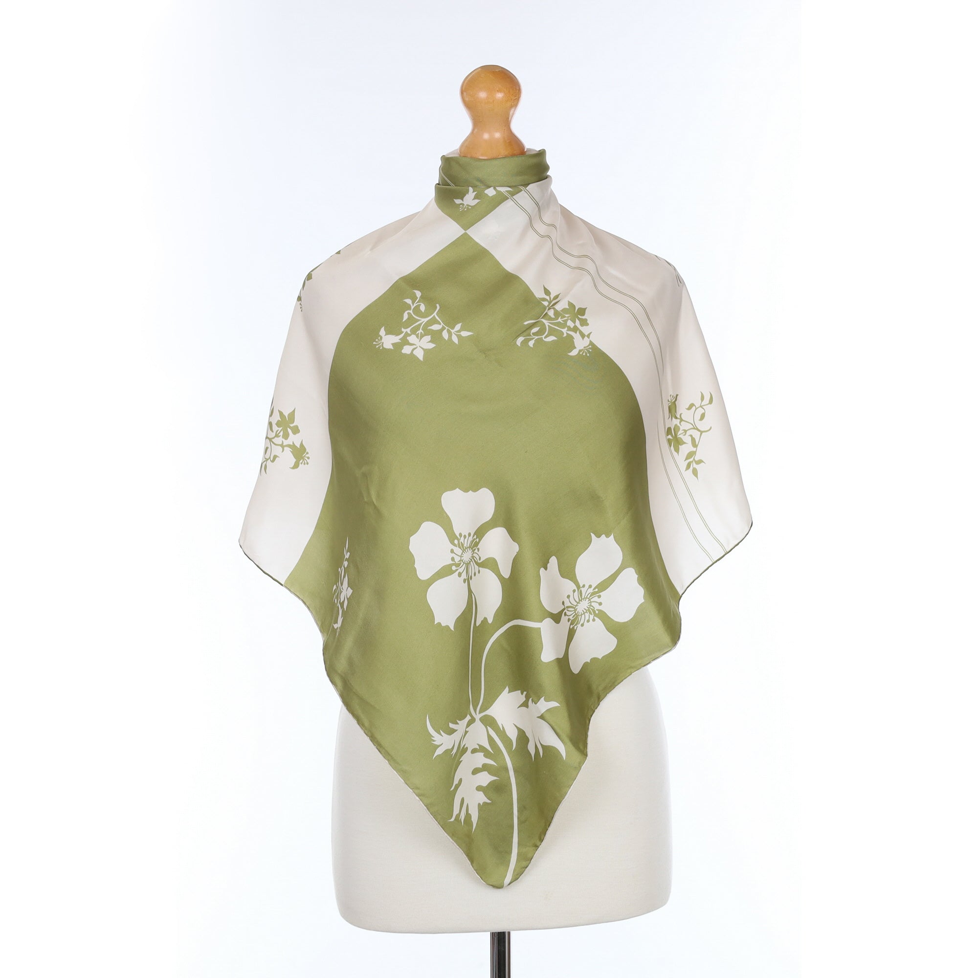 Green and Cream Abstract Vintage Silk Scarf