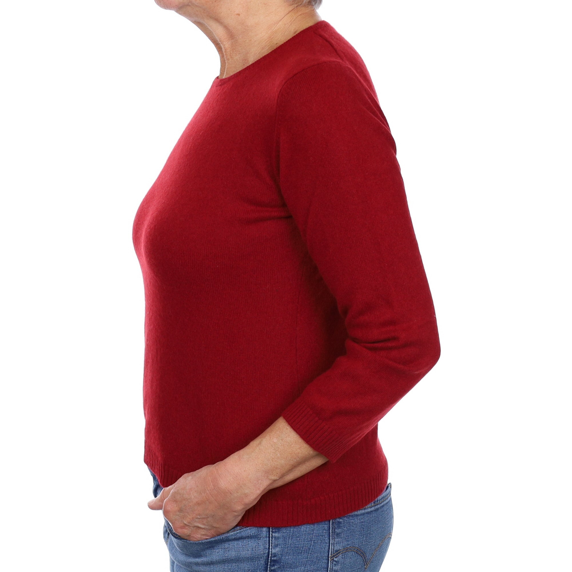 Maroon Red Cashmere 3/4 Sleeve Crew Neck Jumper Medium