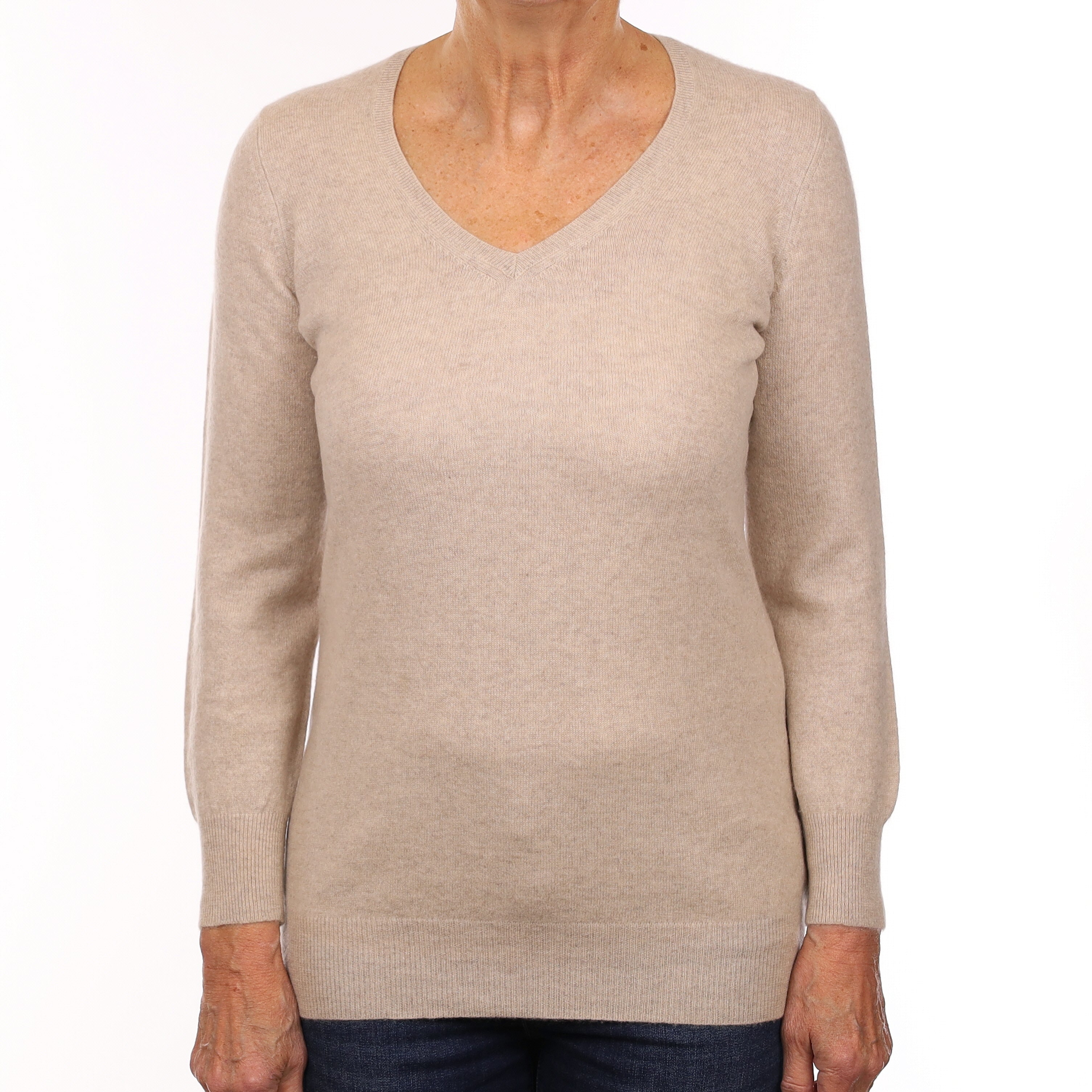 Fawn Beige Cashmere V Neck Jumper Medium