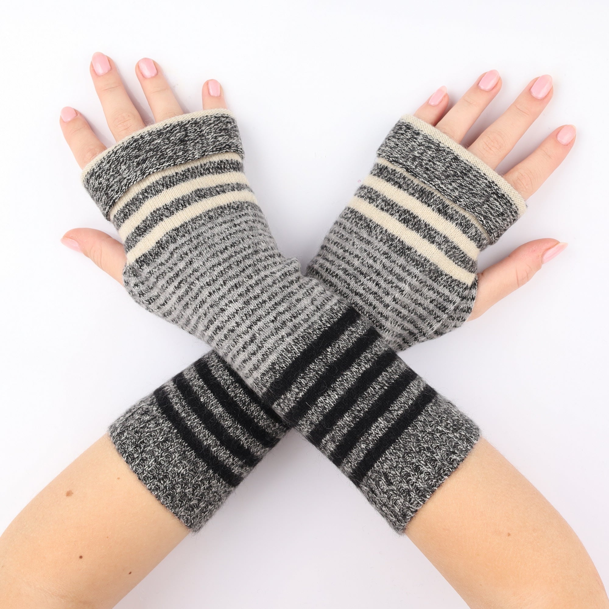 Grey Striped Fingerless Gloves