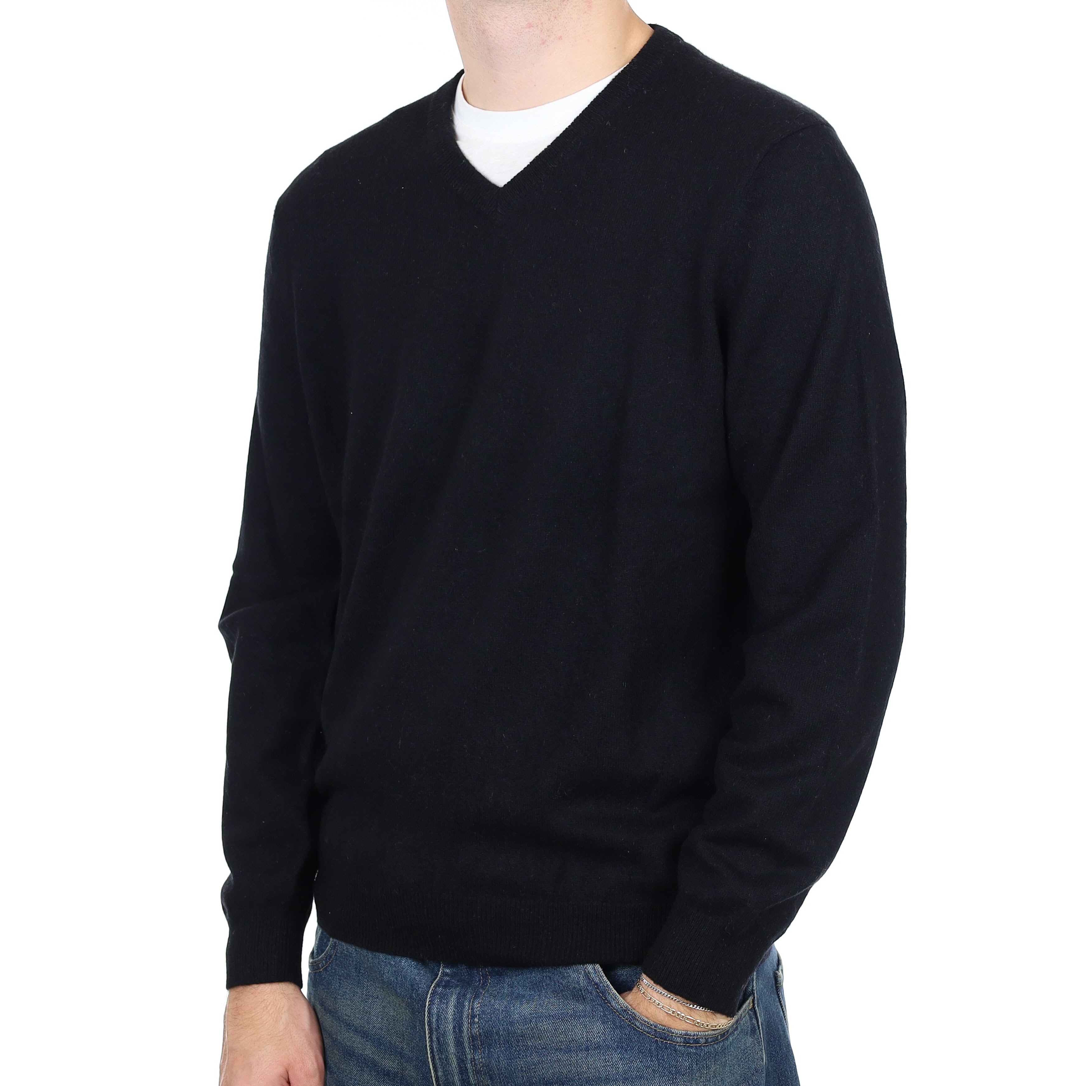 Men’s Black Cashmere V Neck Jumper Large