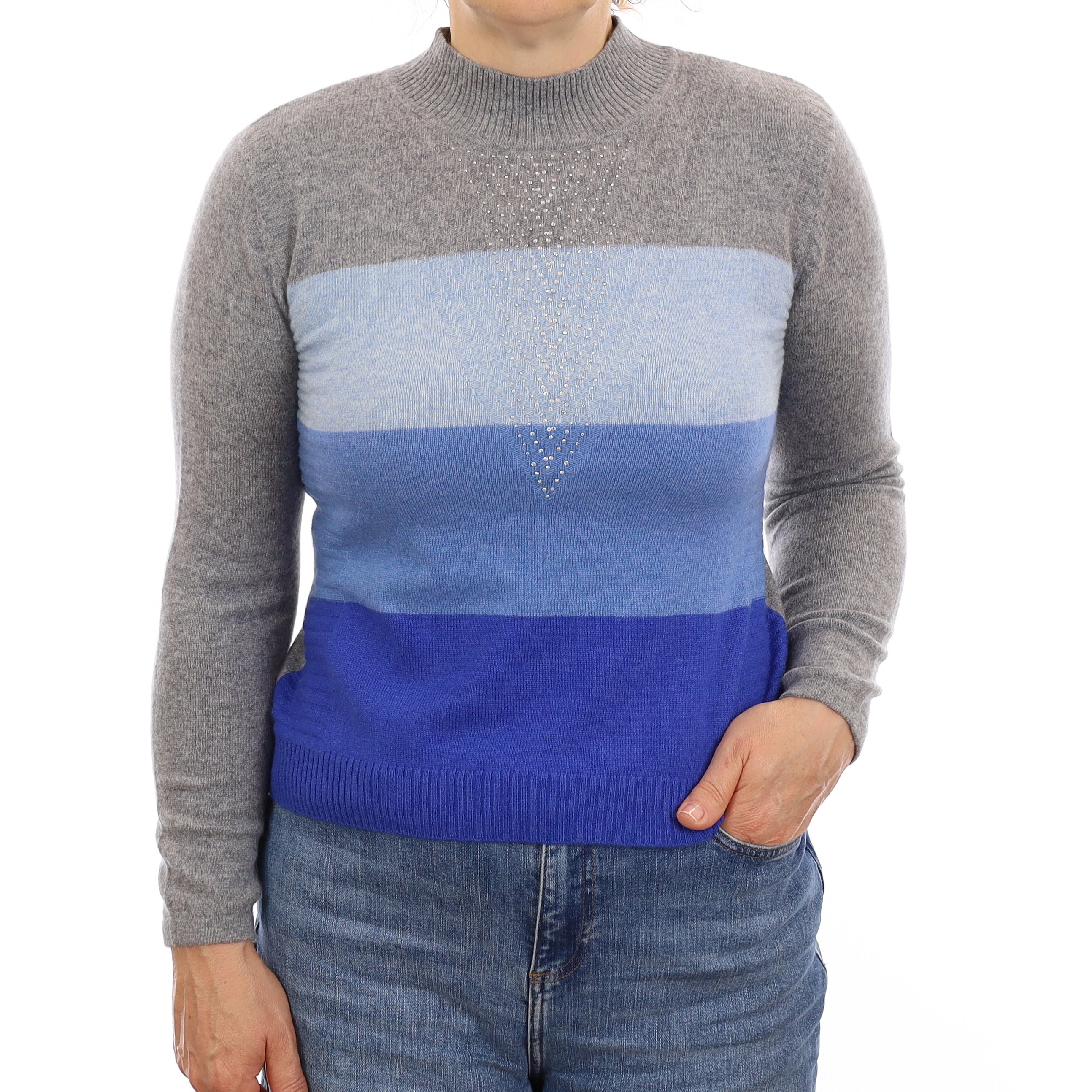 Grey and Blue Diamanté Cashmere Turtle Neck Jumper Medium