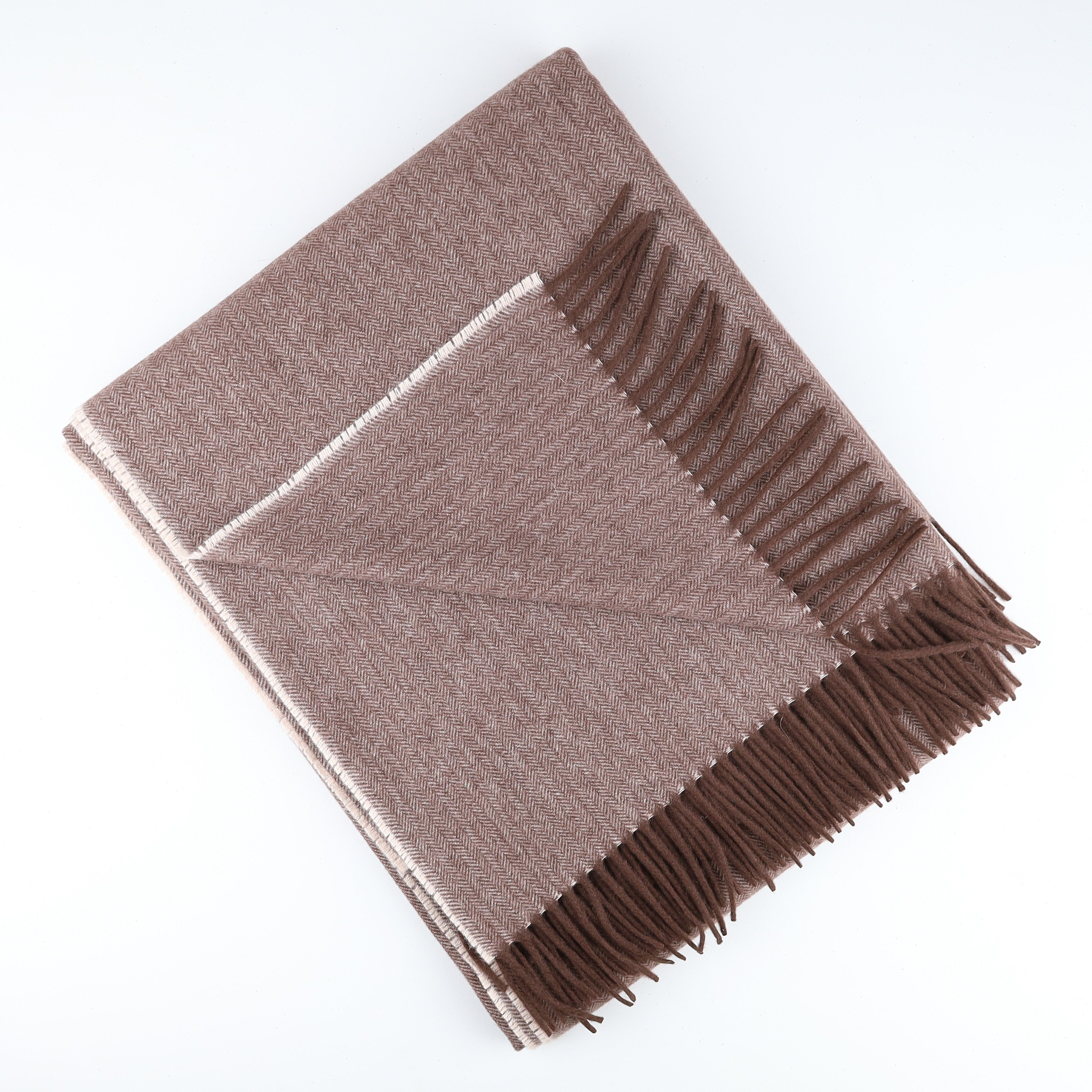 Brand New English Chocolate Brown and Oatmeal Herringbone Luxury Woven Cashmere Blanket