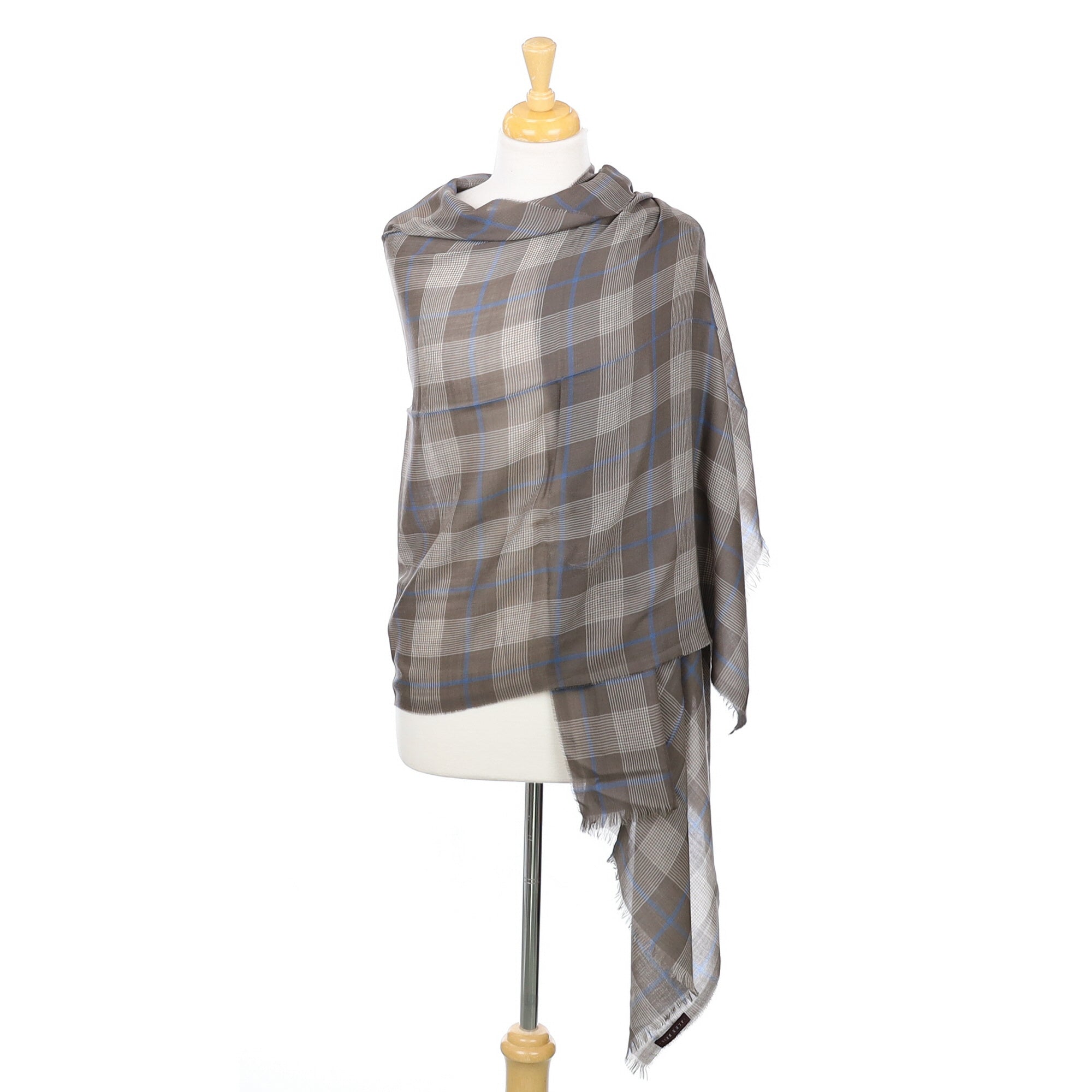 Scottish Begg & Co Mocha and Blue Checked Fine Woven Cashmere Wrap