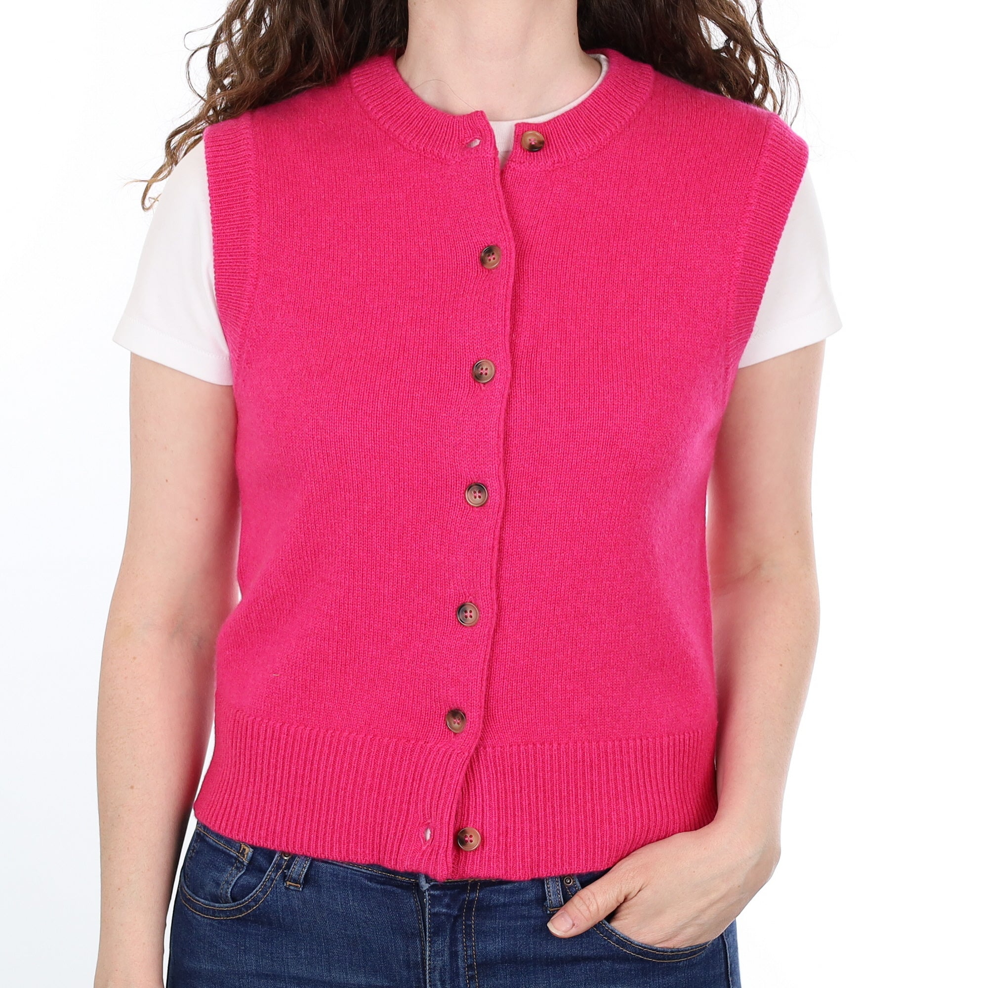 Brand New Hot Pink Luxury Cashmere Crew Neck Waistcoat Small UK 8-10