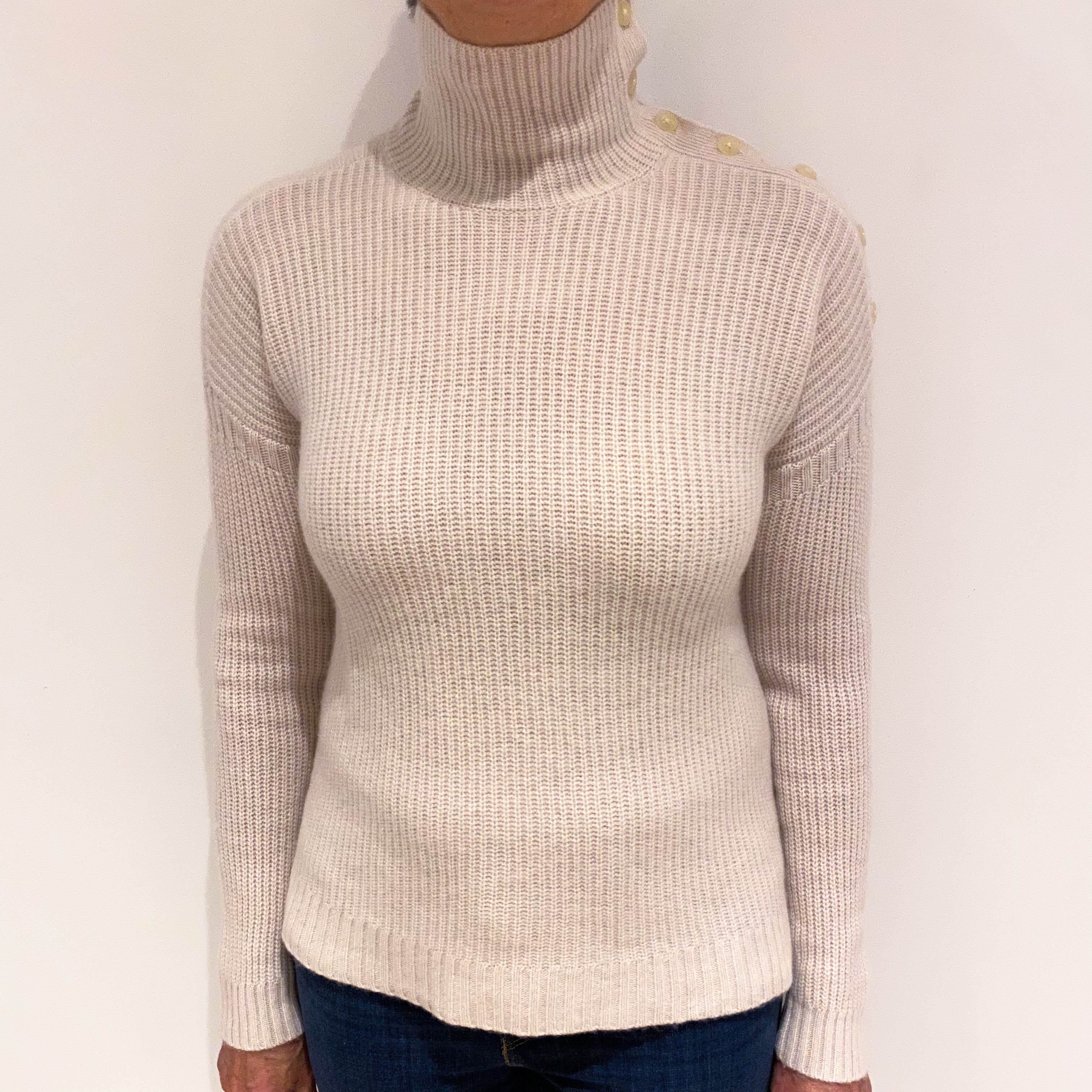 Alabaster Chunky Rib Cashmere Buttoned Polo Neck Jumper Medium