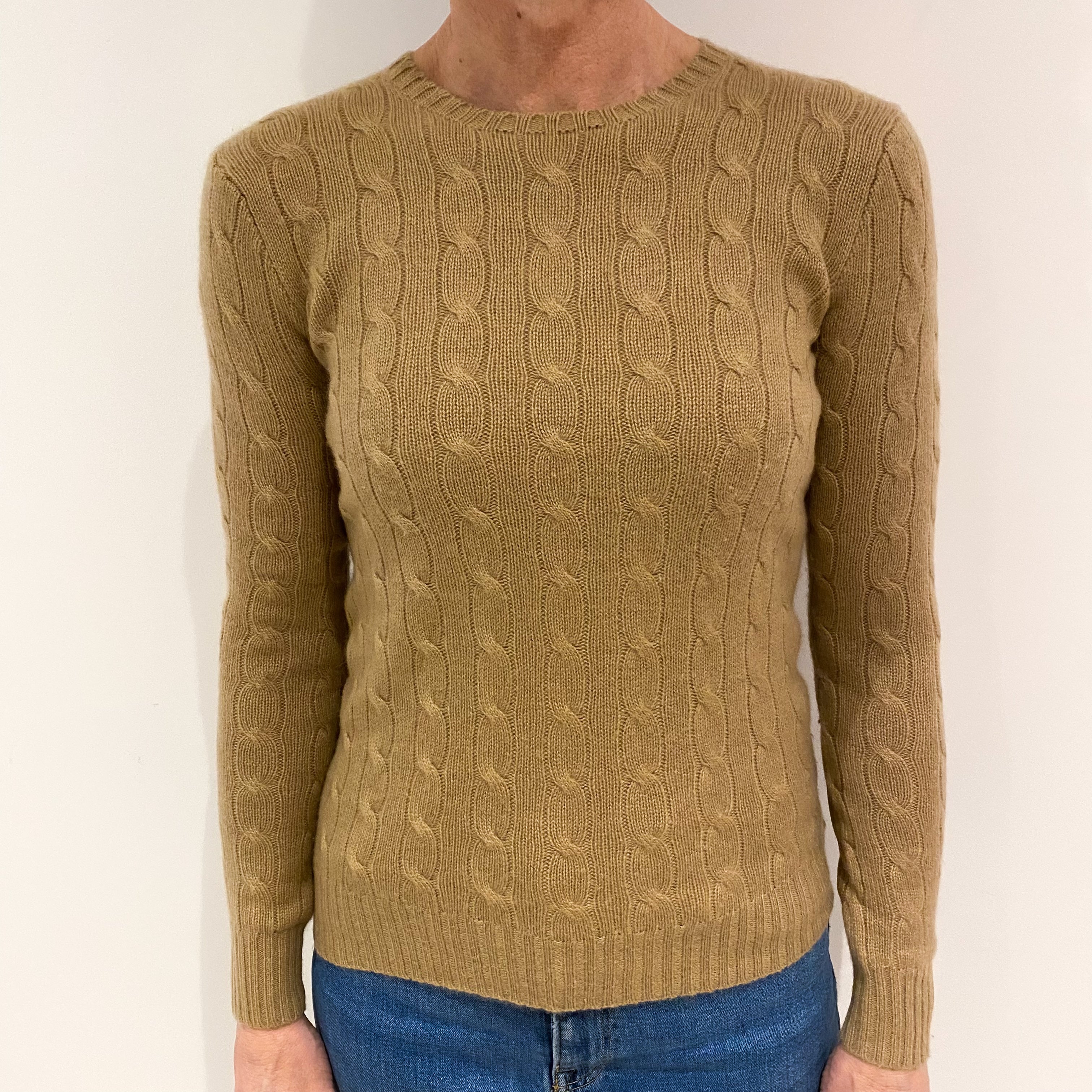 Ralph Lauren Camel Brown Cable Cashmere Crew Neck Jumper Small