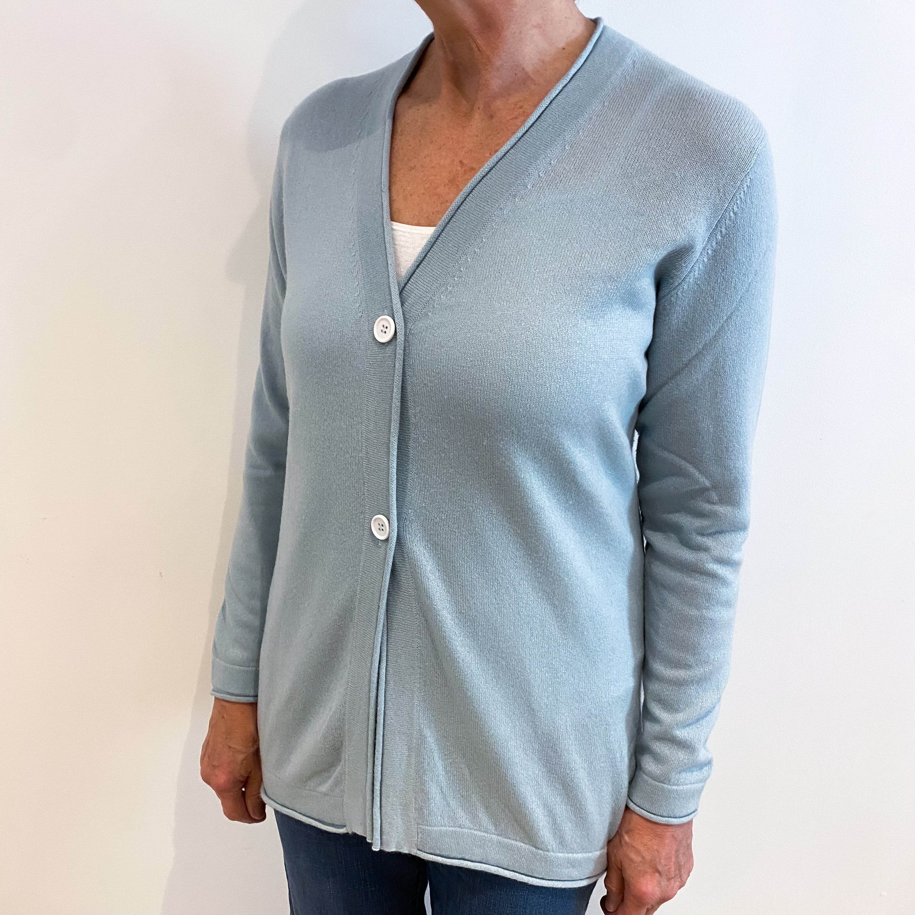 Pale Blue Cashmere Rolled Edge Cardigan Medium