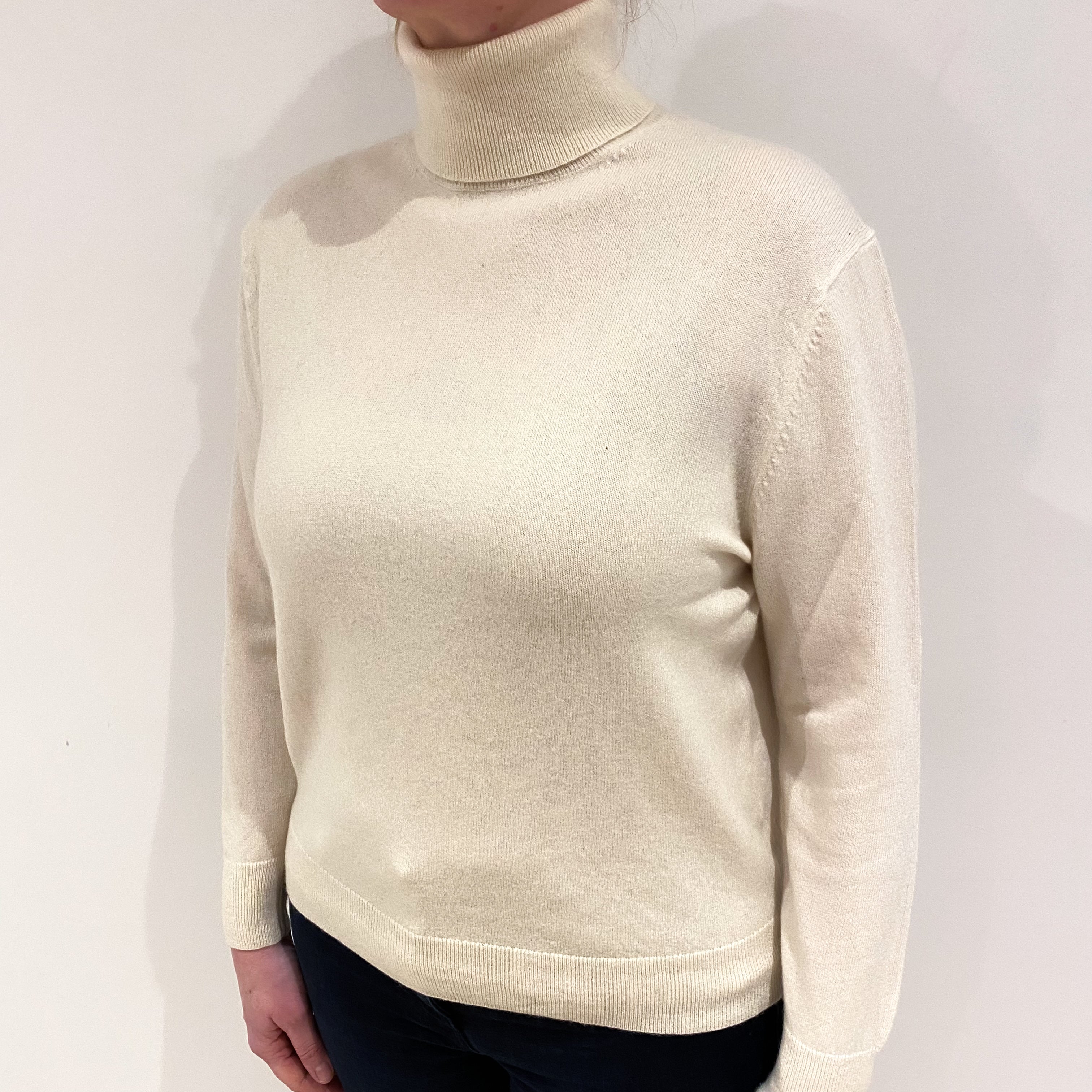 Vanilla Cream Cashmere Polo Neck Jumper Large