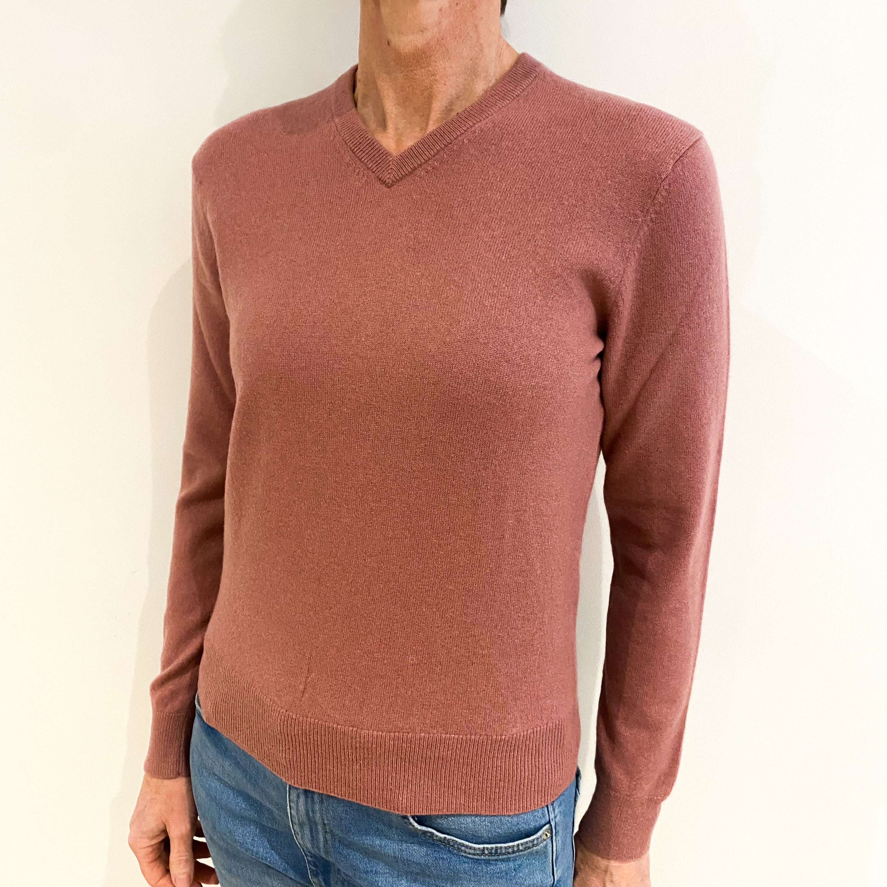 Dusky Pink Cashmere V Neck Jumper Small