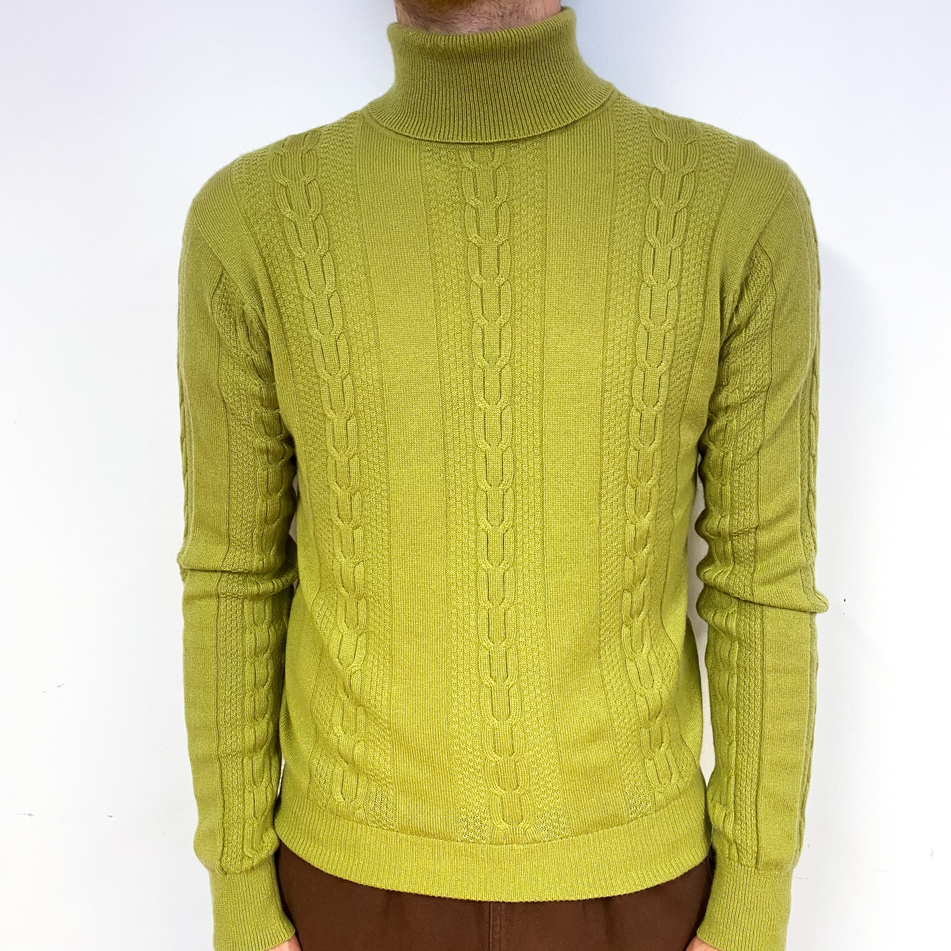 Men's Moss Green Cable Cashmere Polo Neck Jumper Medium