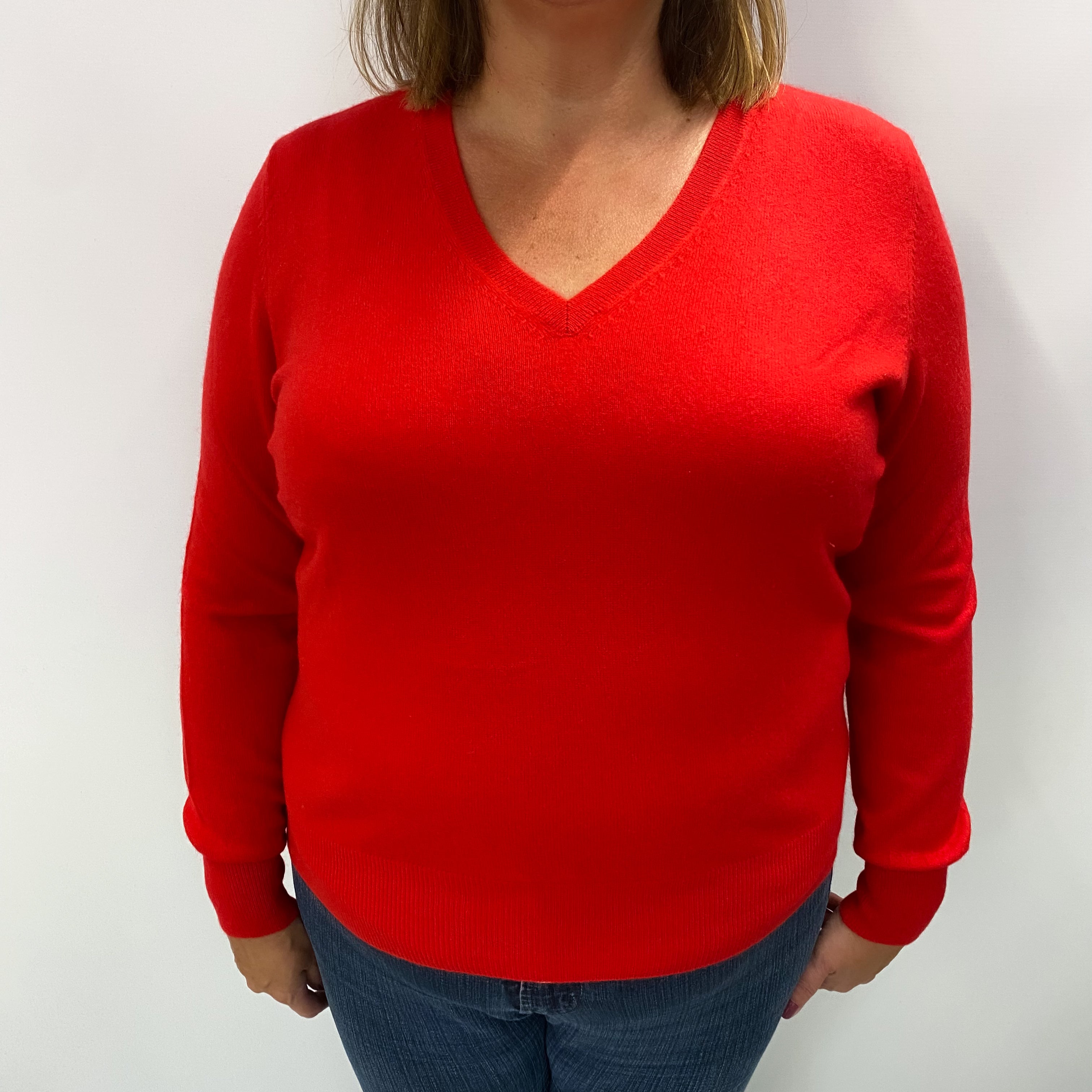 Tomato Red Cashmere V Neck Jumper Extra Large