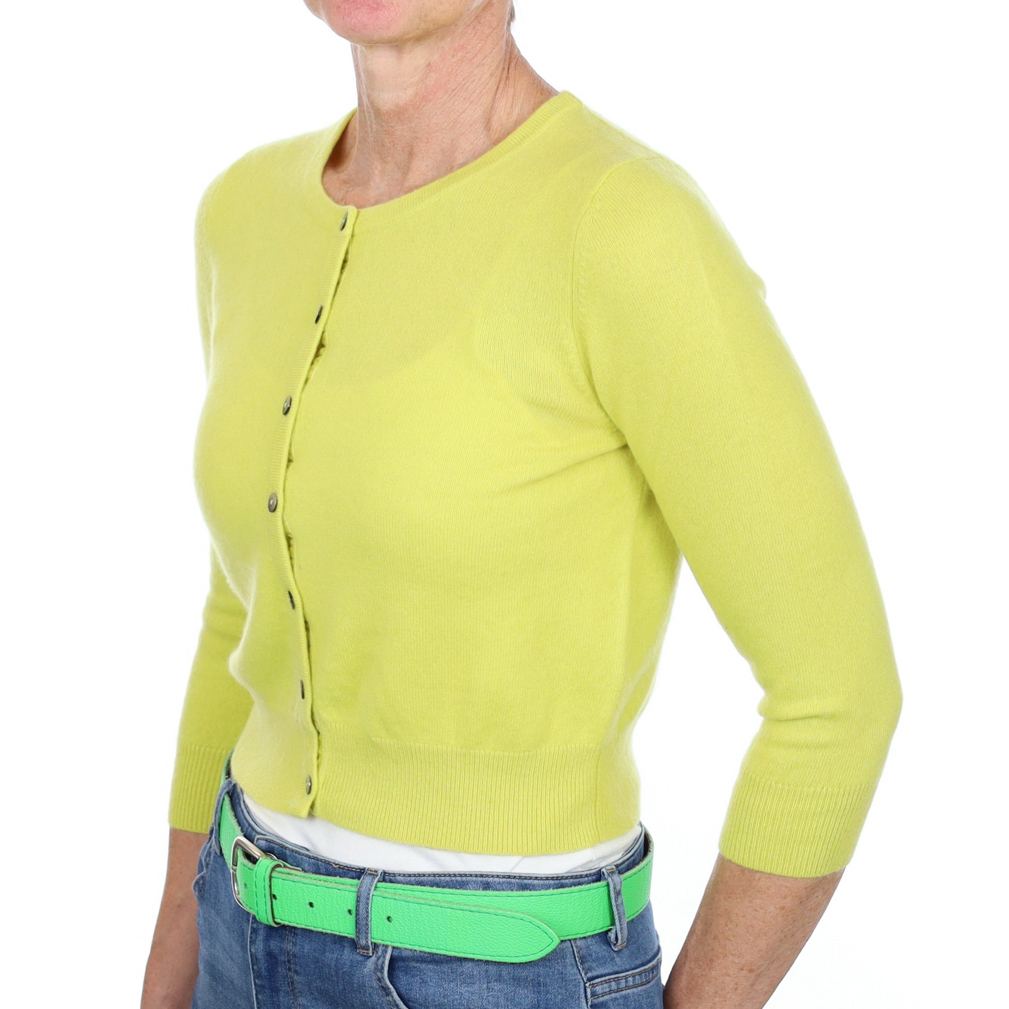 Chartreuse Yellow Cashmere Cropped Crew Neck Cardigan Small