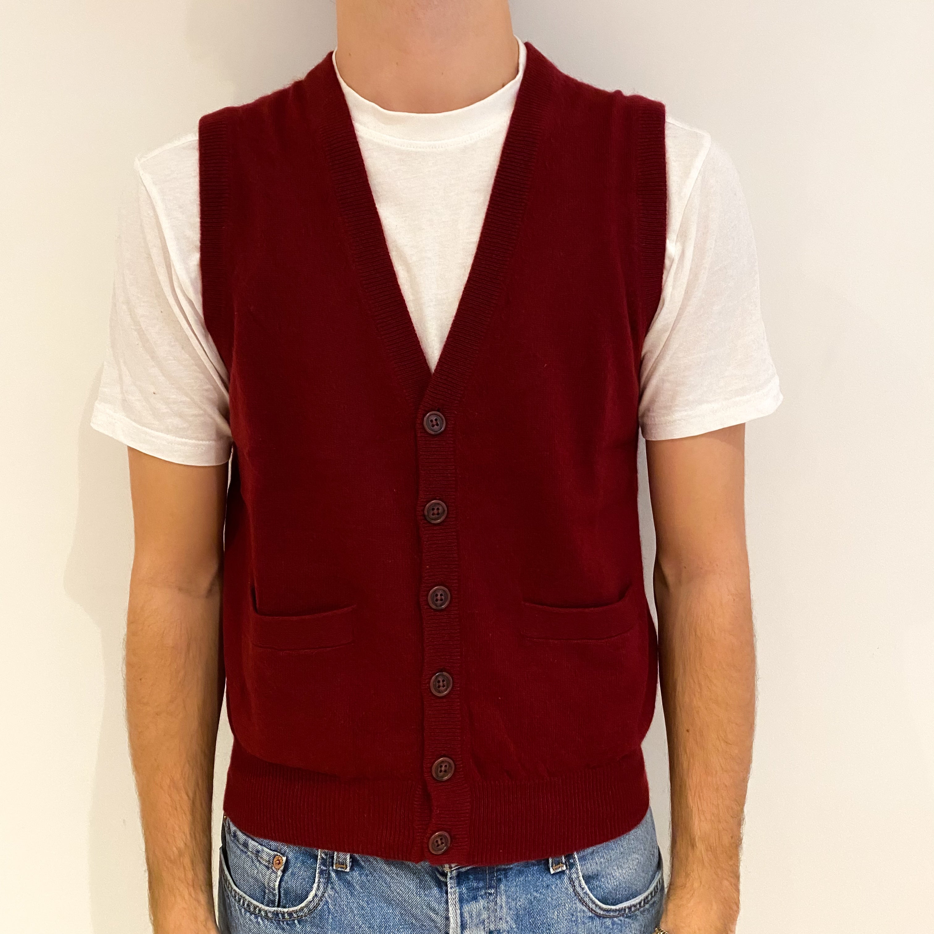 Men's Burgundy Red Cashmere V Neck Gilet Medium