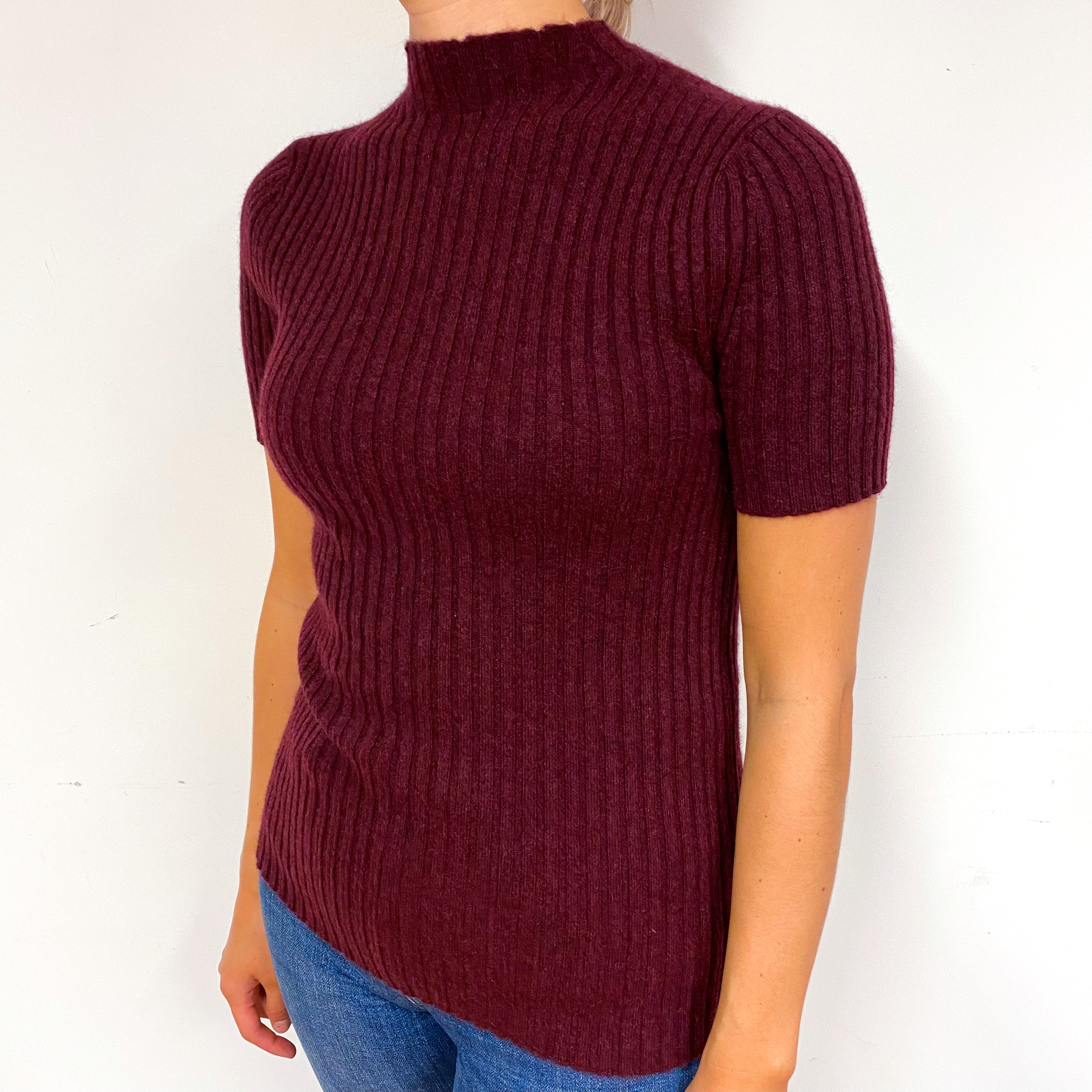Mulberry Purple Rib Cashmere Short Sleeve Jumper Small