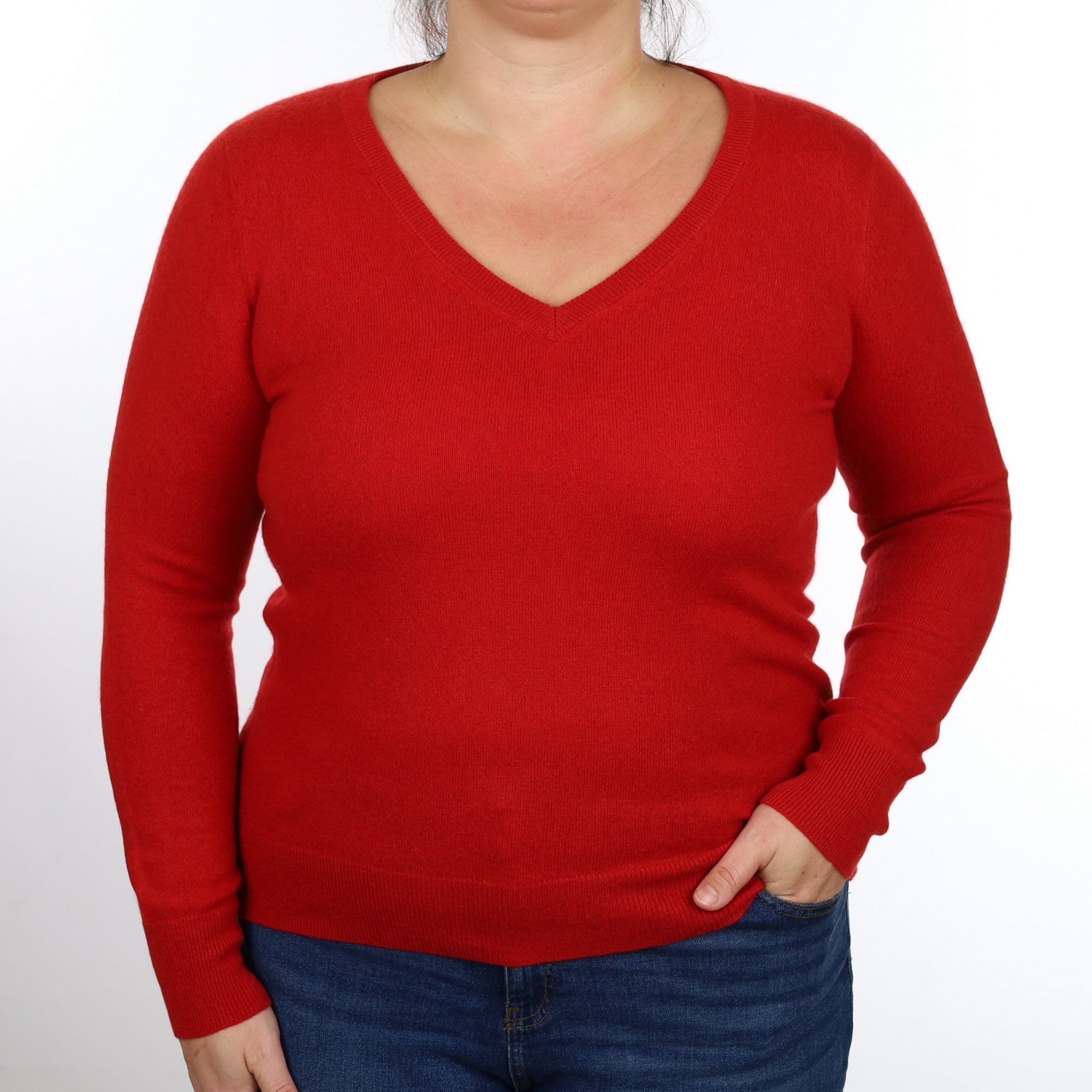 Scarlet Red Cashmere V Neck Jumper Large