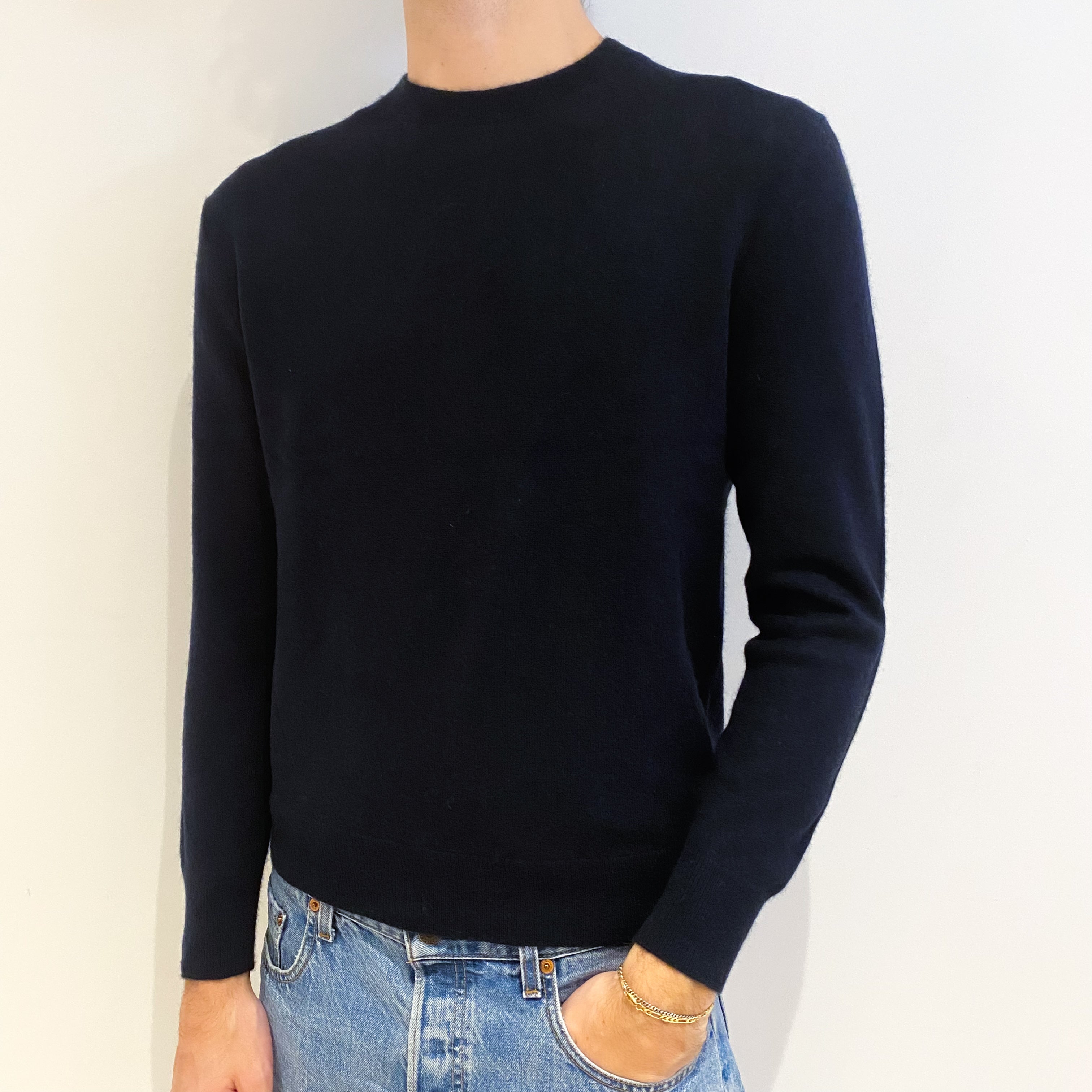 Men's Navy Blue Cashmere Crew Neck Jumper Large