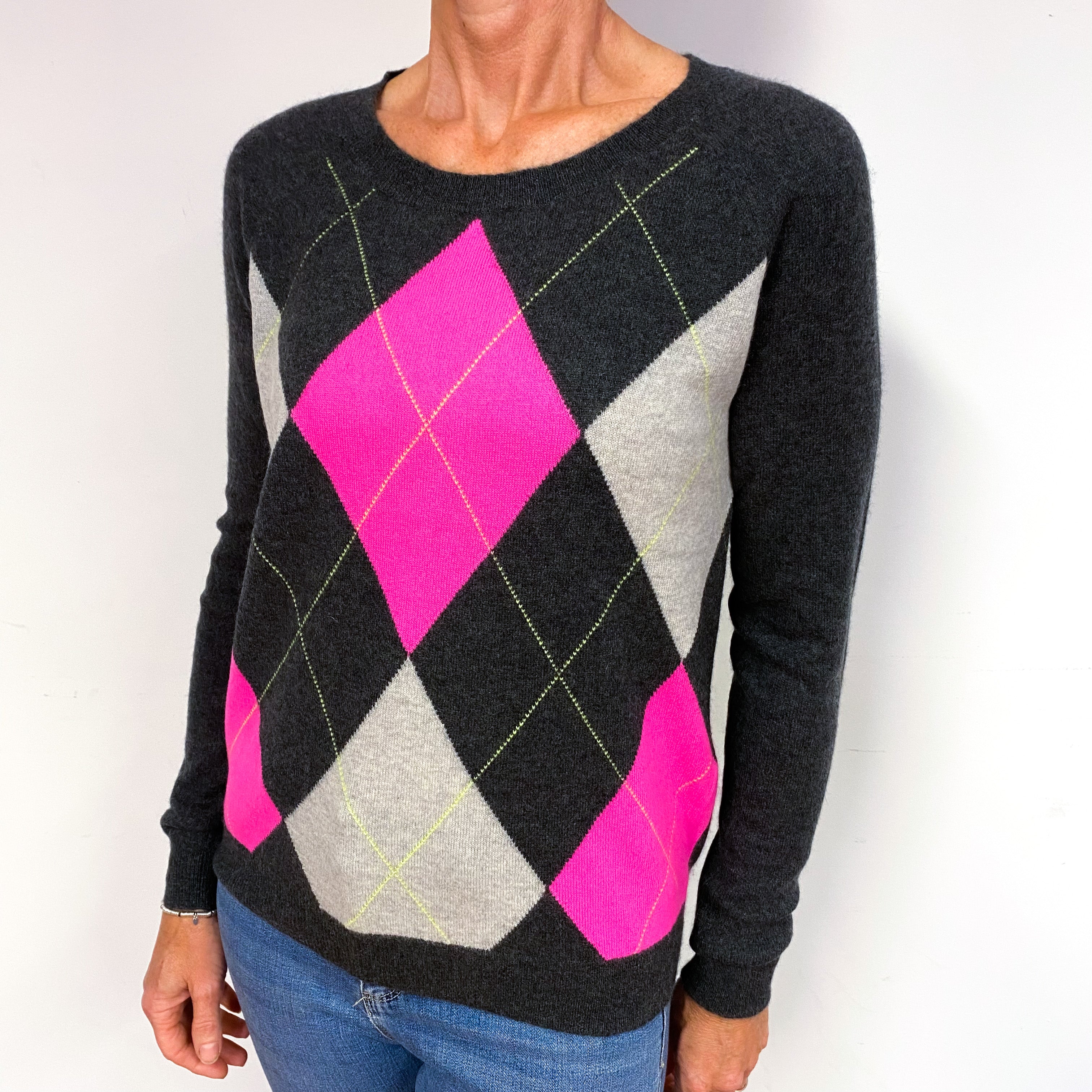 Charcoal Hot Pink Diamond Cashmere Crew Neck Jumper Medium