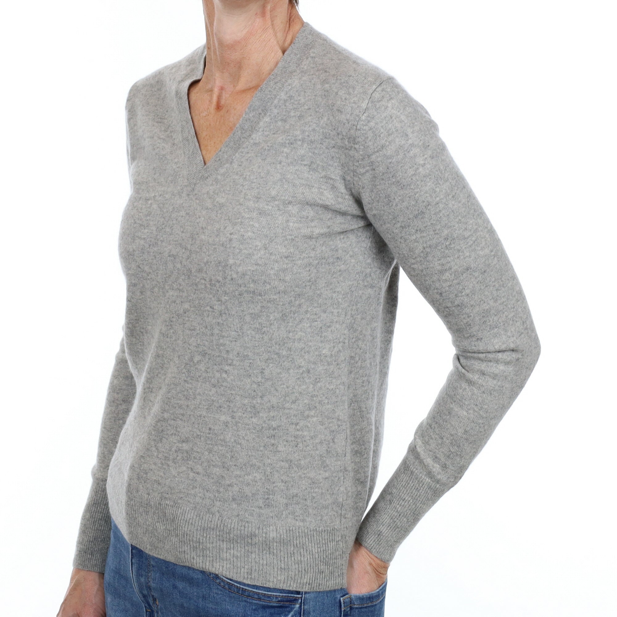 Smoke Grey Cashmere V Neck Jumper Small