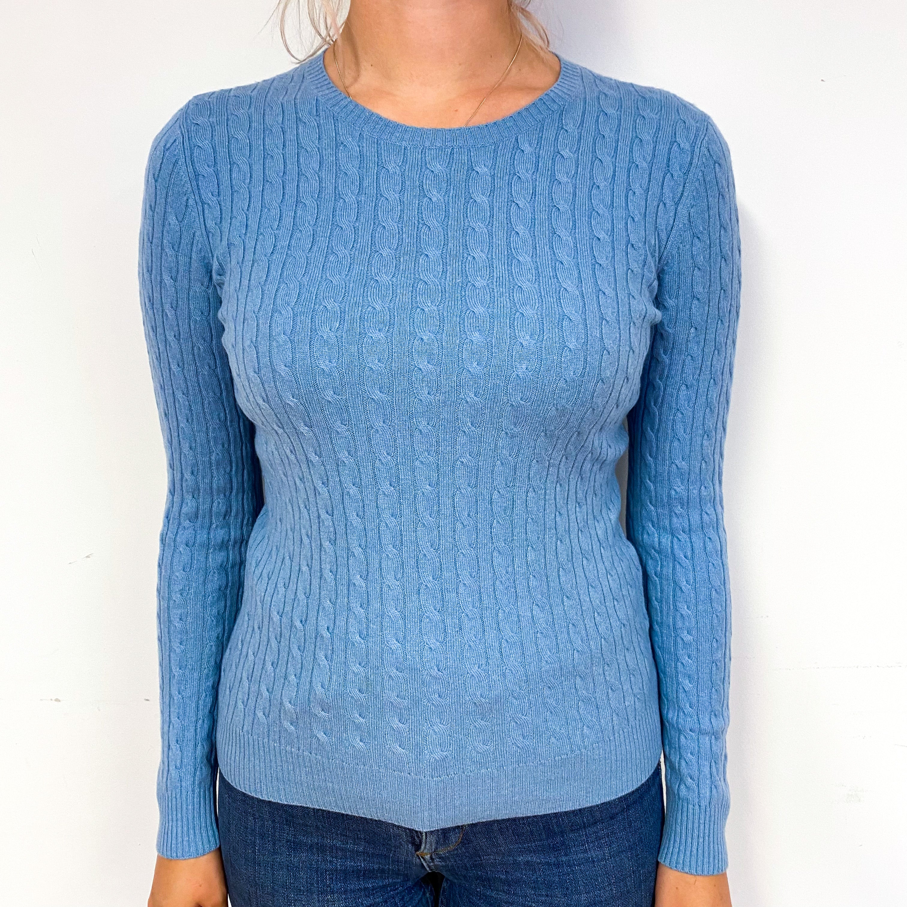 Dusky Sky Blue Cable Cashmere Crew Neck Jumper Small