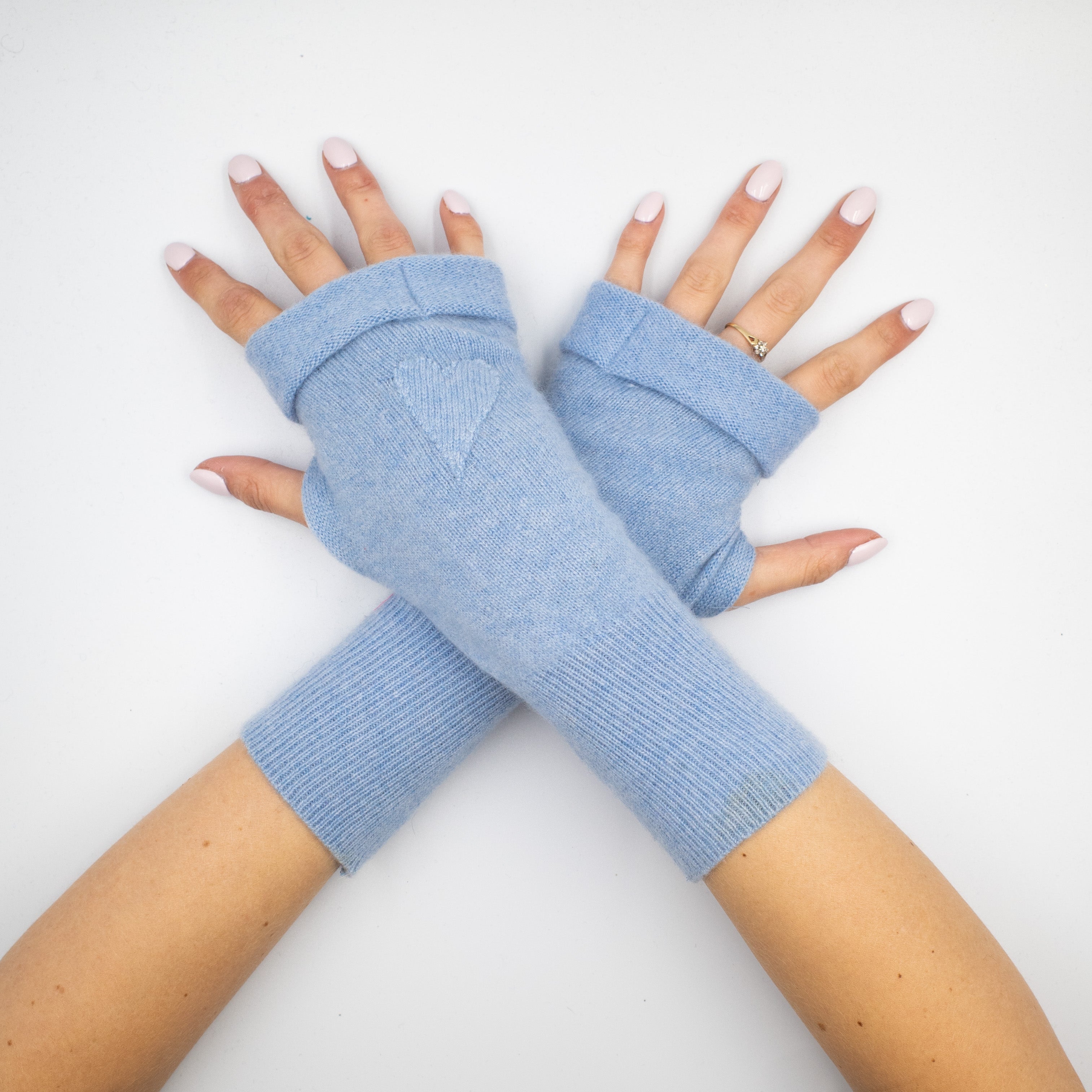 Pale Blue Heart Appliqué Fingerless Gloves