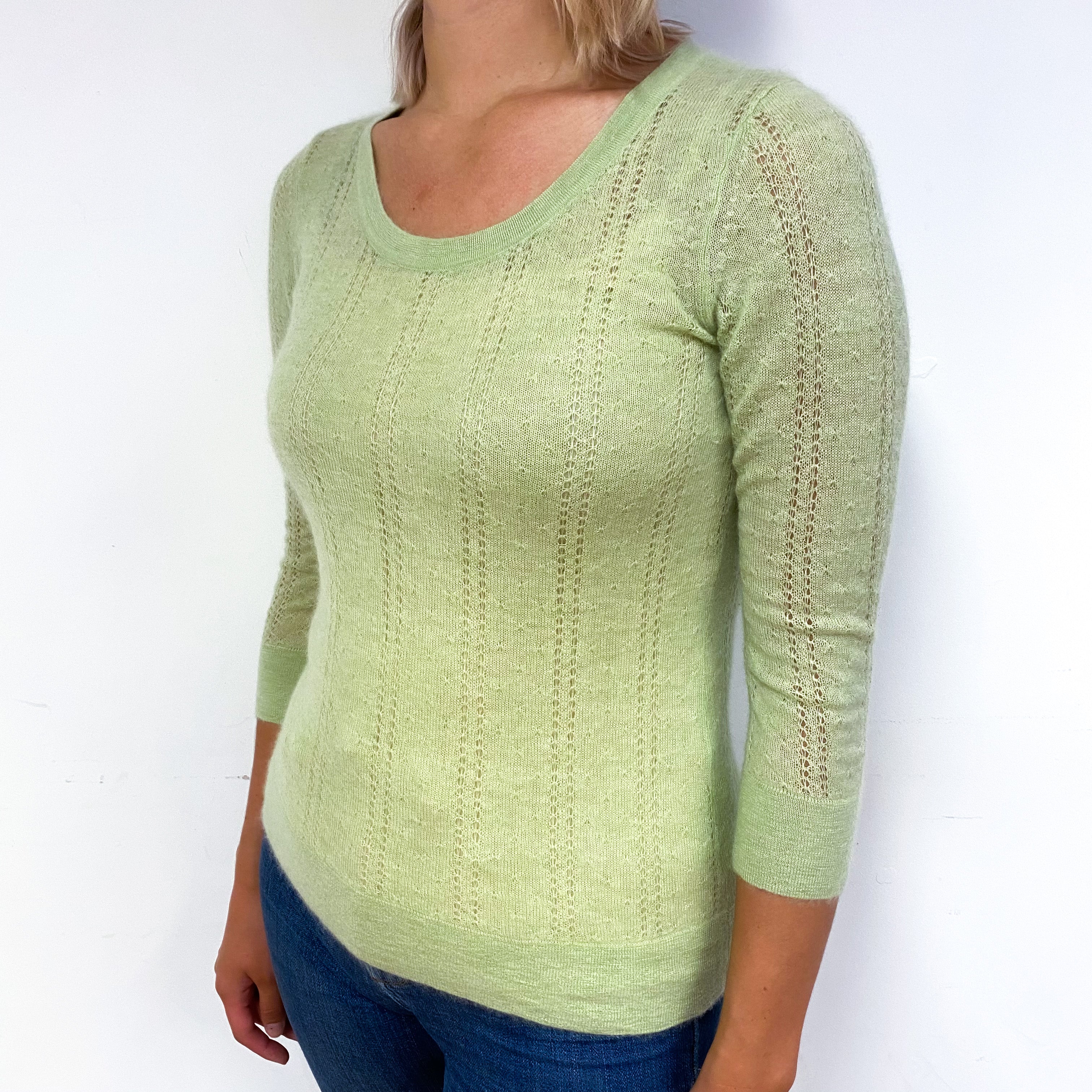 Chicory Green Lace Knit Cashmere Crew Neck Jumper Small