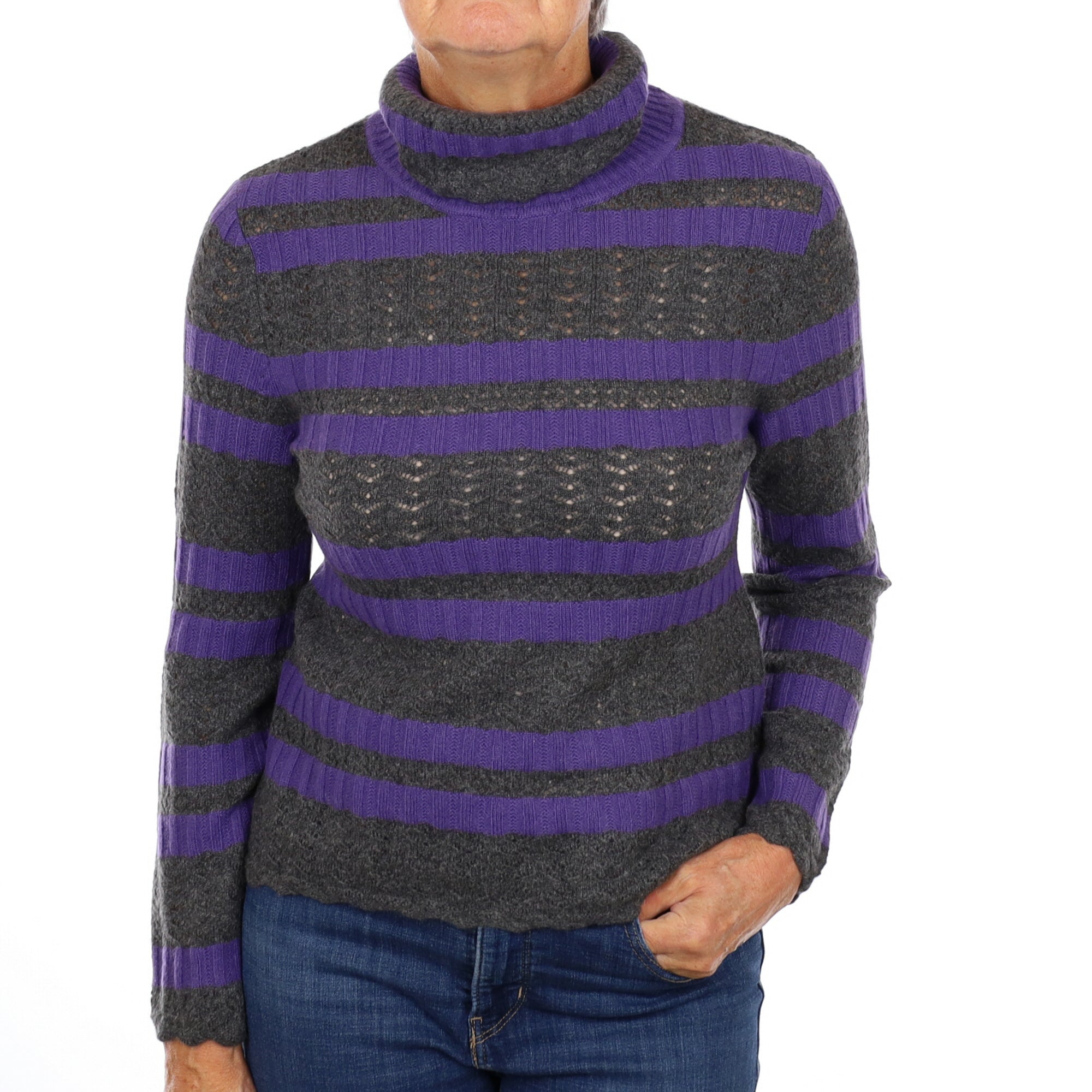 Purple Grey Lace Knit Cashmere Polo Neck Jumper Medium
