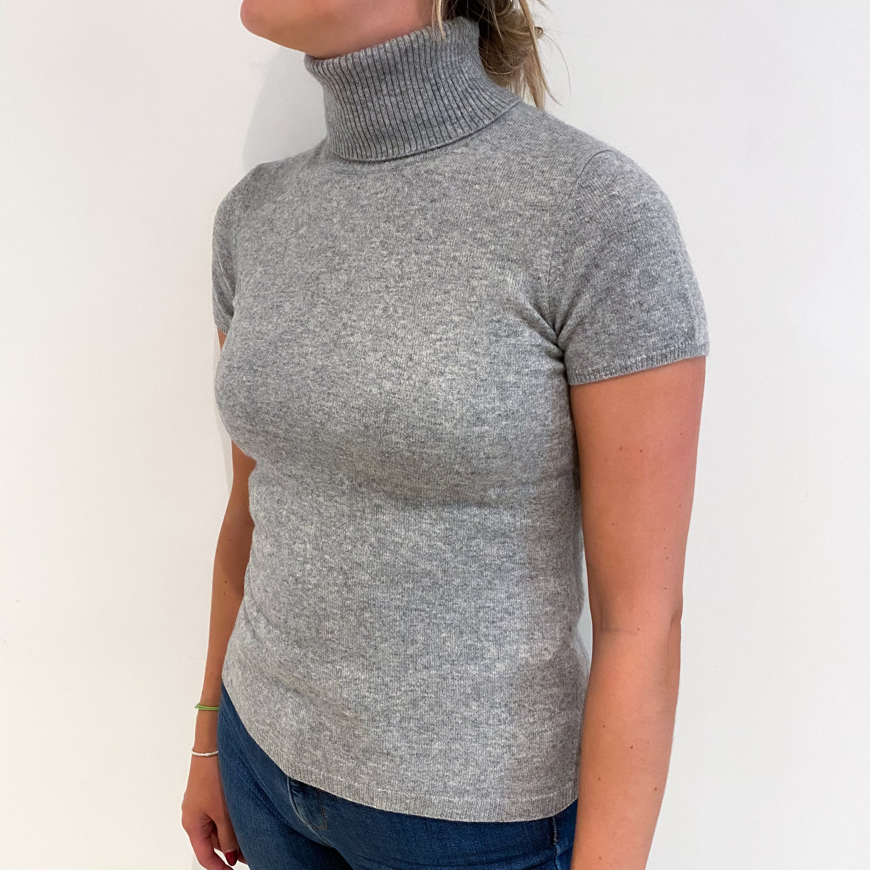 Smoke Grey Cashmere Polo Neck Short Sleeved Jumper Small