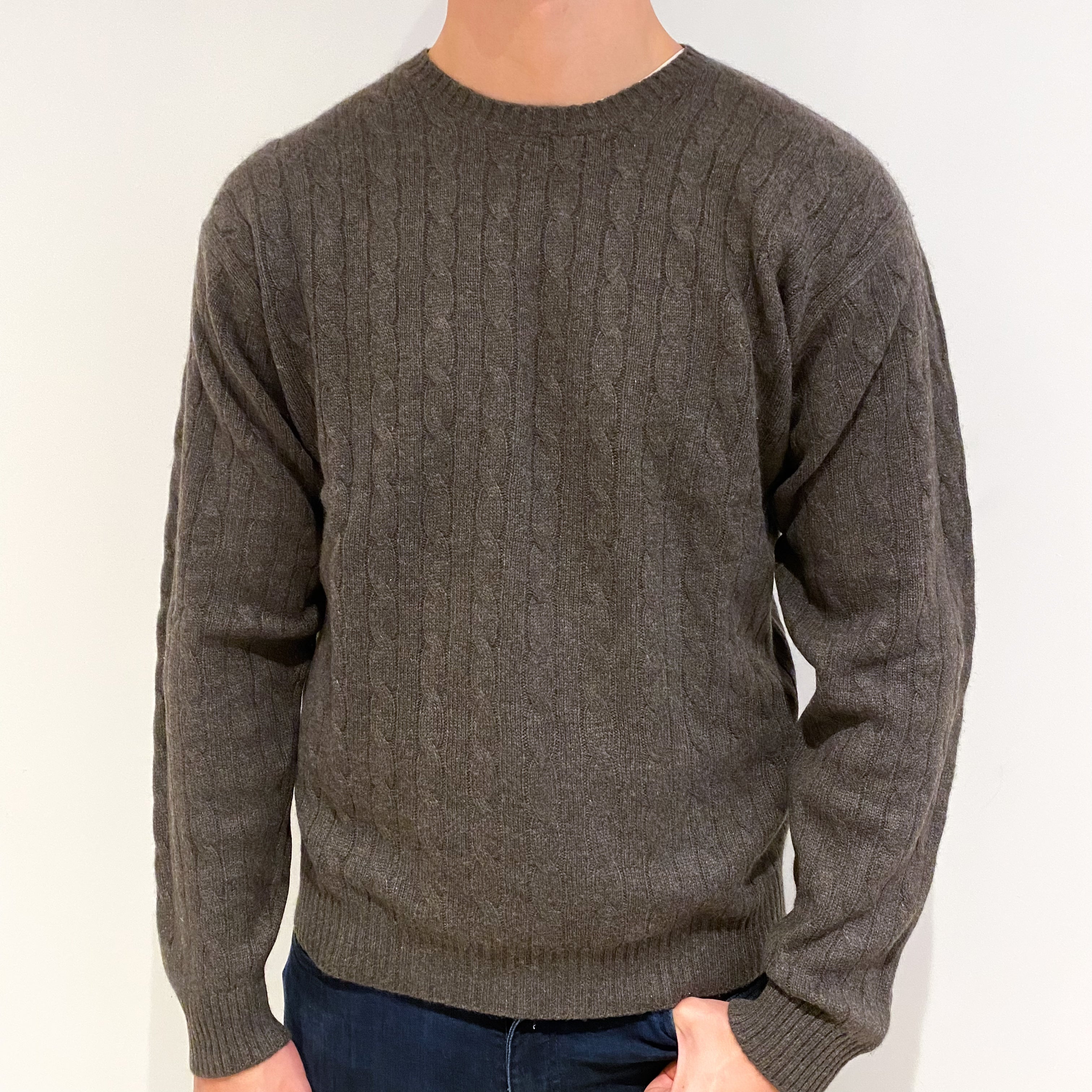 Men's Muted Brown Cable Cashmere Crew Neck Jumper Extra Large