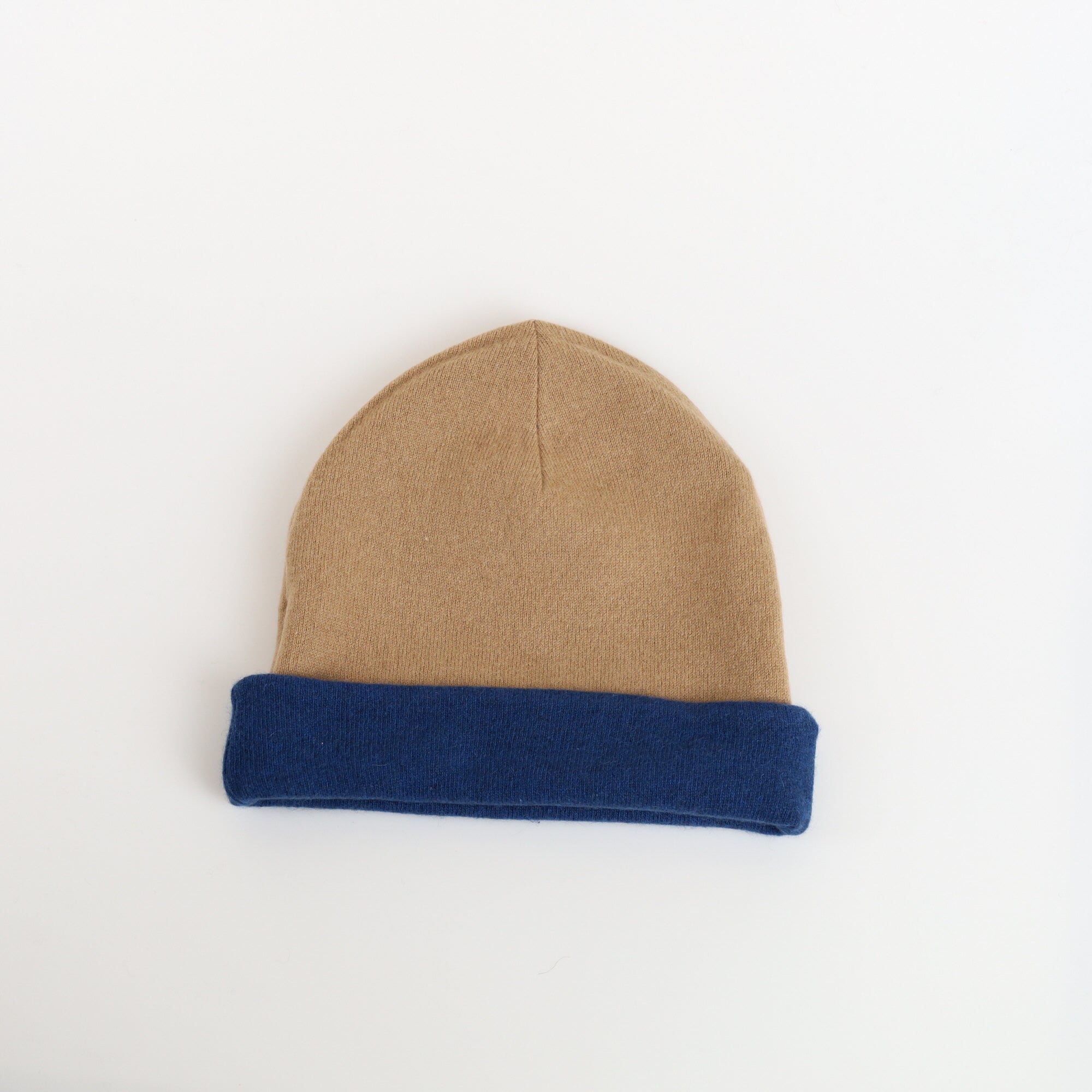 Denim Blue and Camel Cashmere Beanie Hat