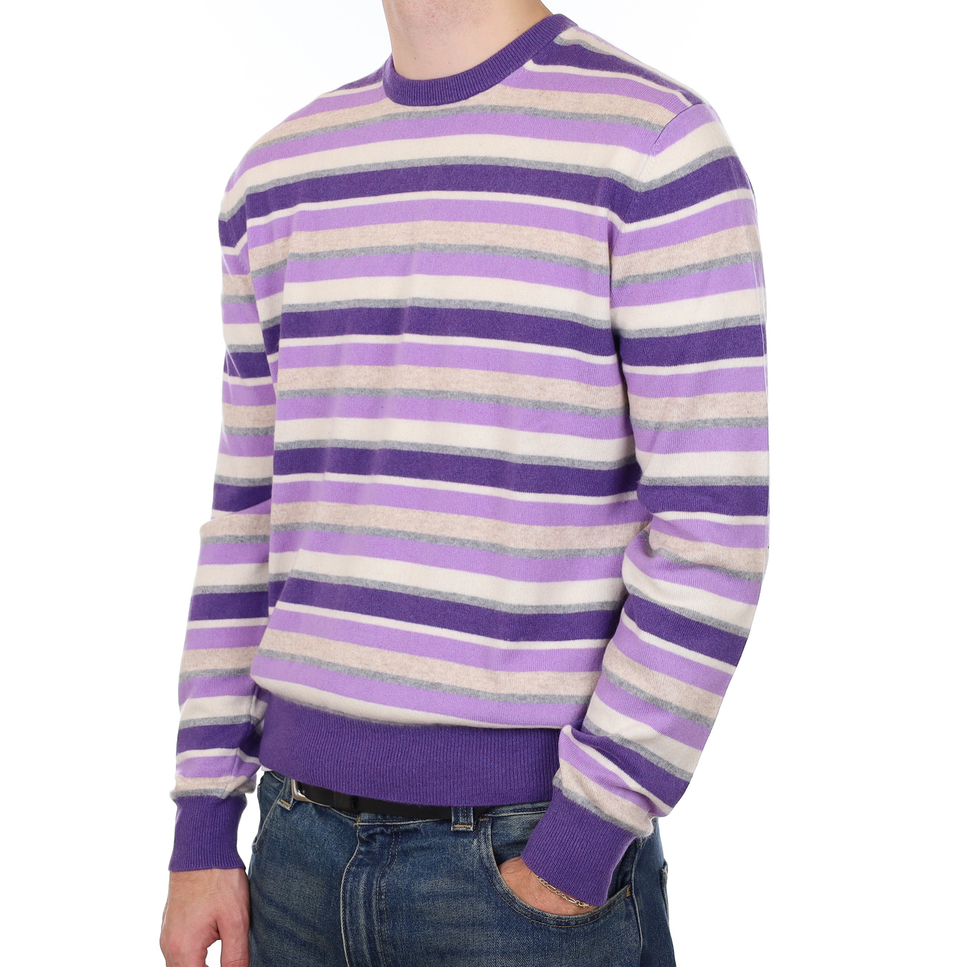 Men’s Purple Striped Cashmere Crew Neck Jumper Large