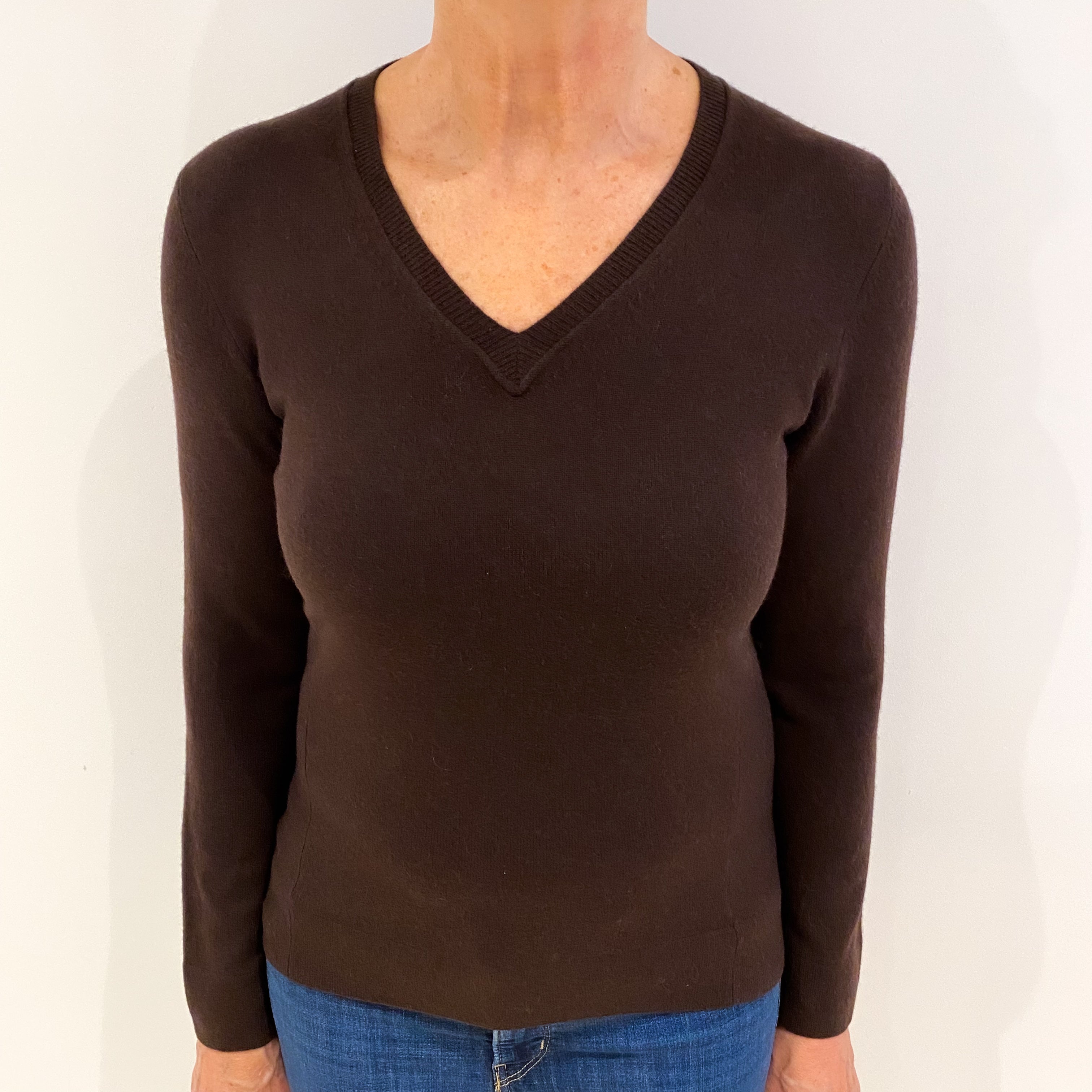 Chocolate Brown Cashmere V Neck Jumper Medium