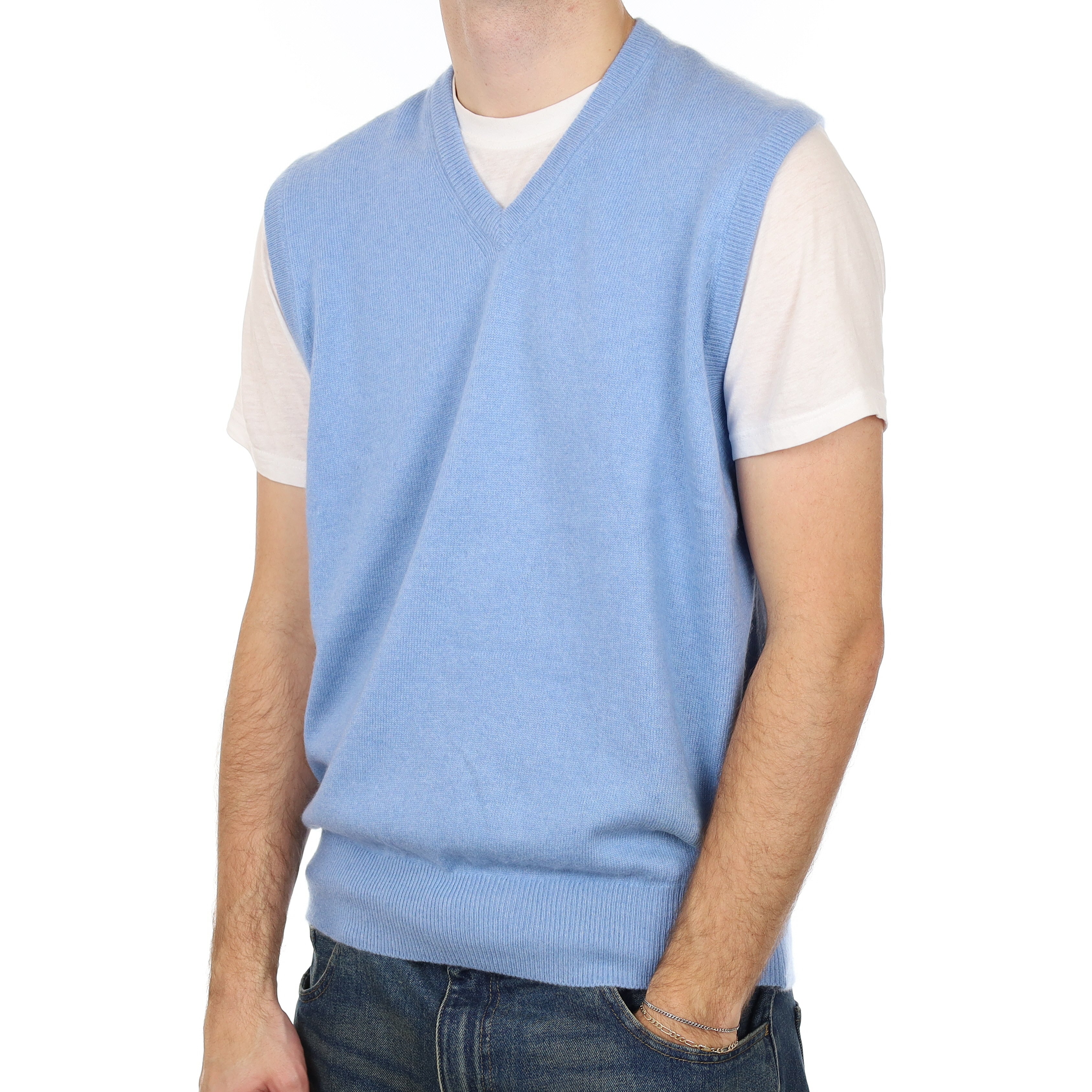 Men’s Sky Blue Cashmere V Neck Tank Top Large