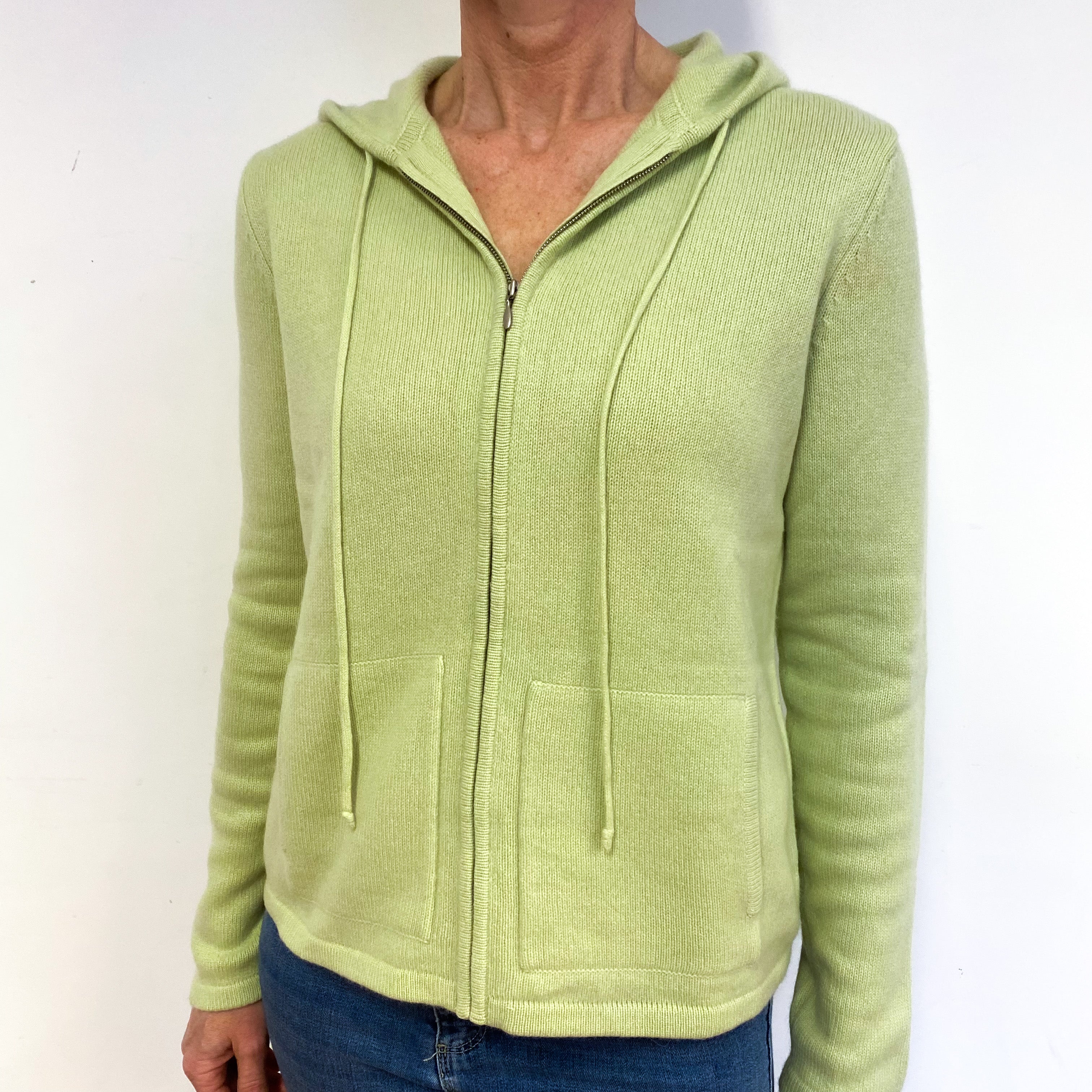 Soft Lime Green Cashmere Zip Front Hoodie Medium