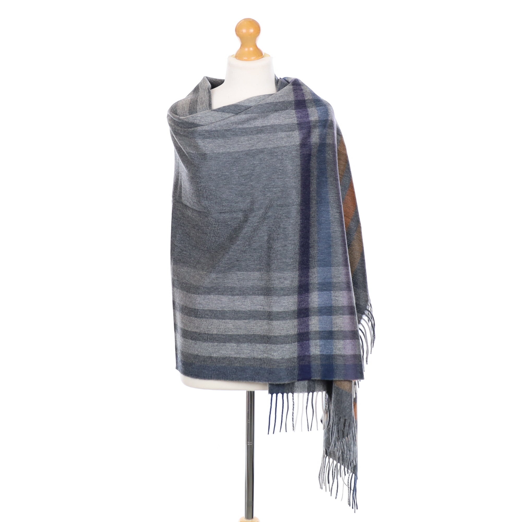 Scottish Begg & Co Grey Blue and Orange Luxury Woven Cashmere Wrap