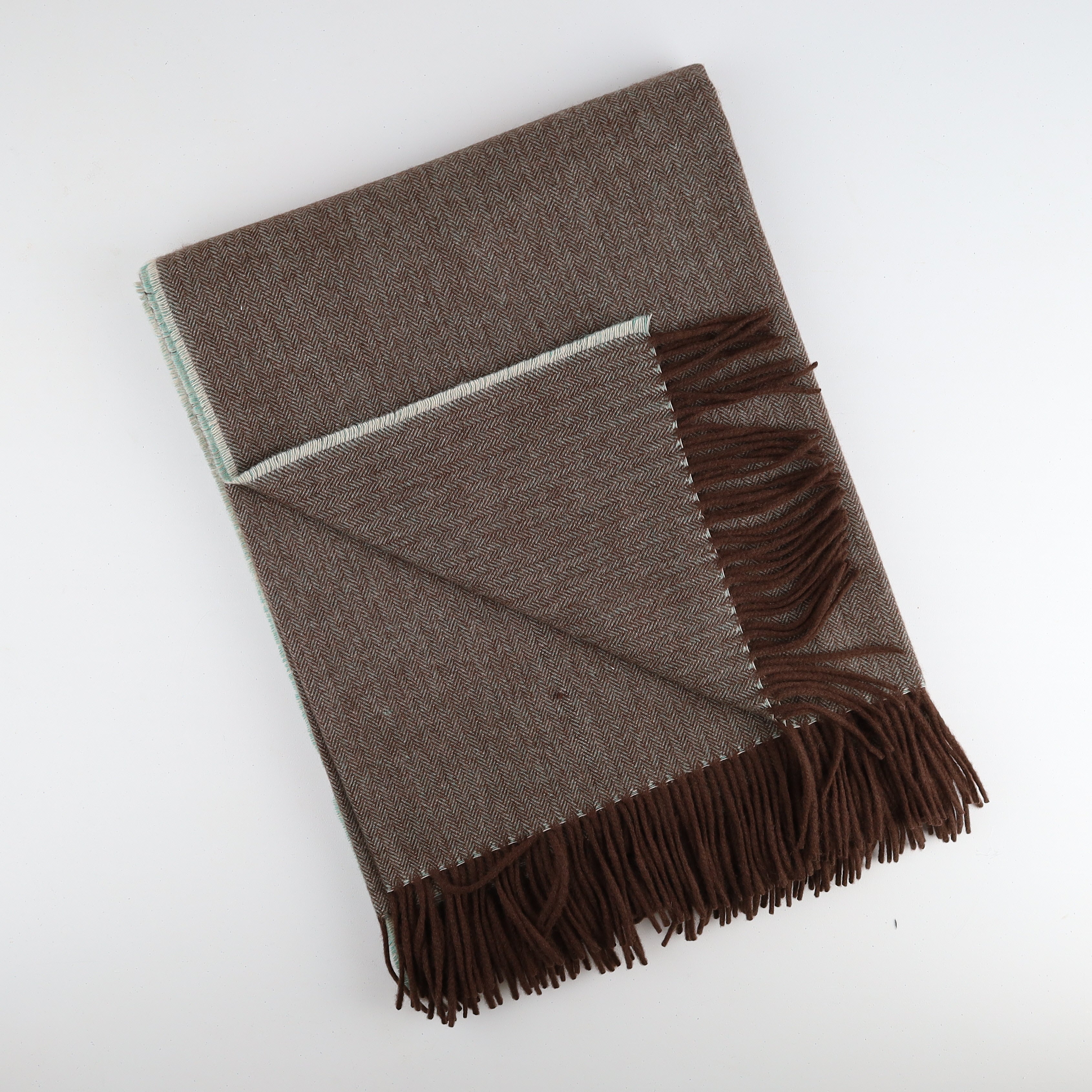 Brand New English Mint and Chocolate Brown Herringbone Luxury Woven Cashmere Blanket