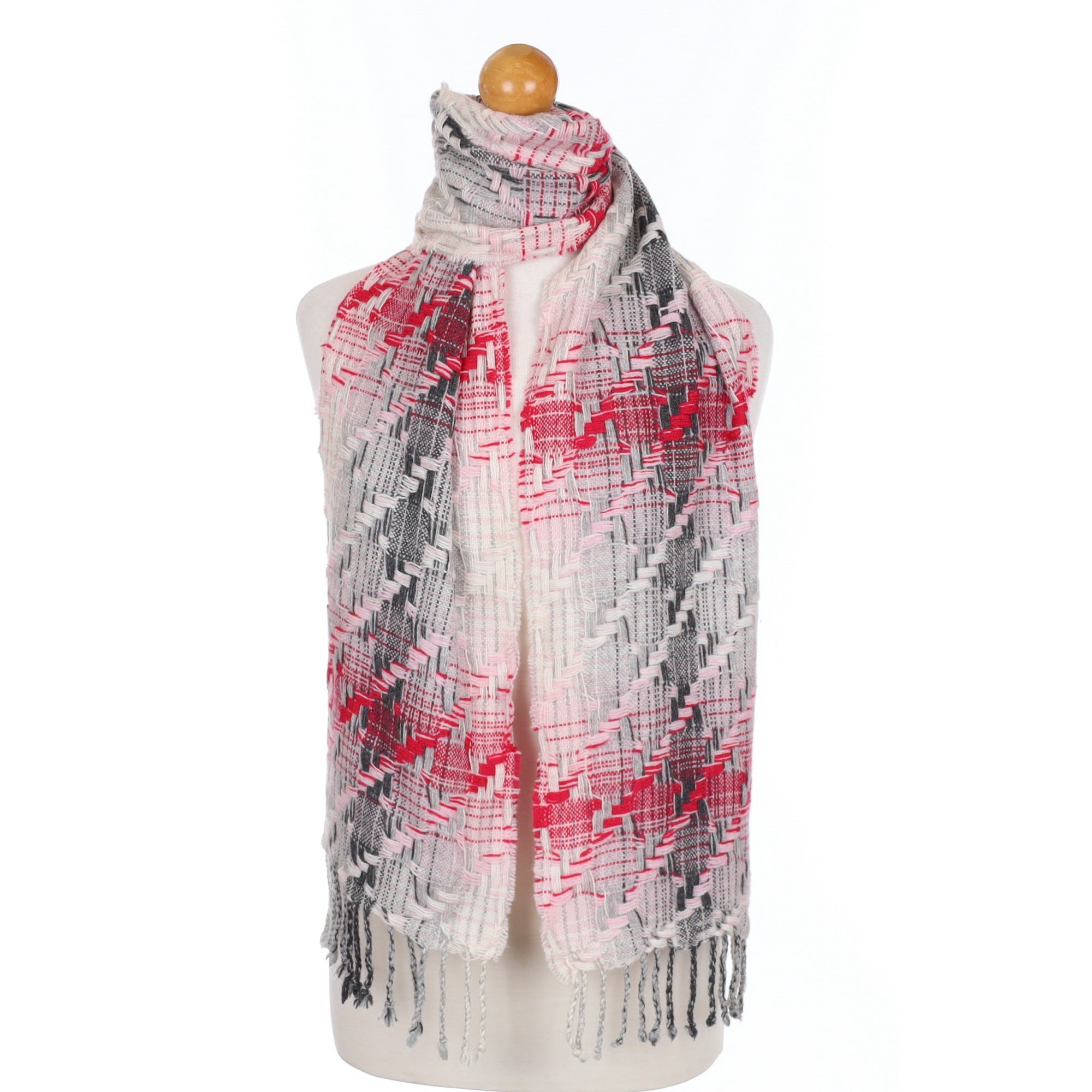 Hot Pink and Grey Cashmere Tasseled Textured Scarf