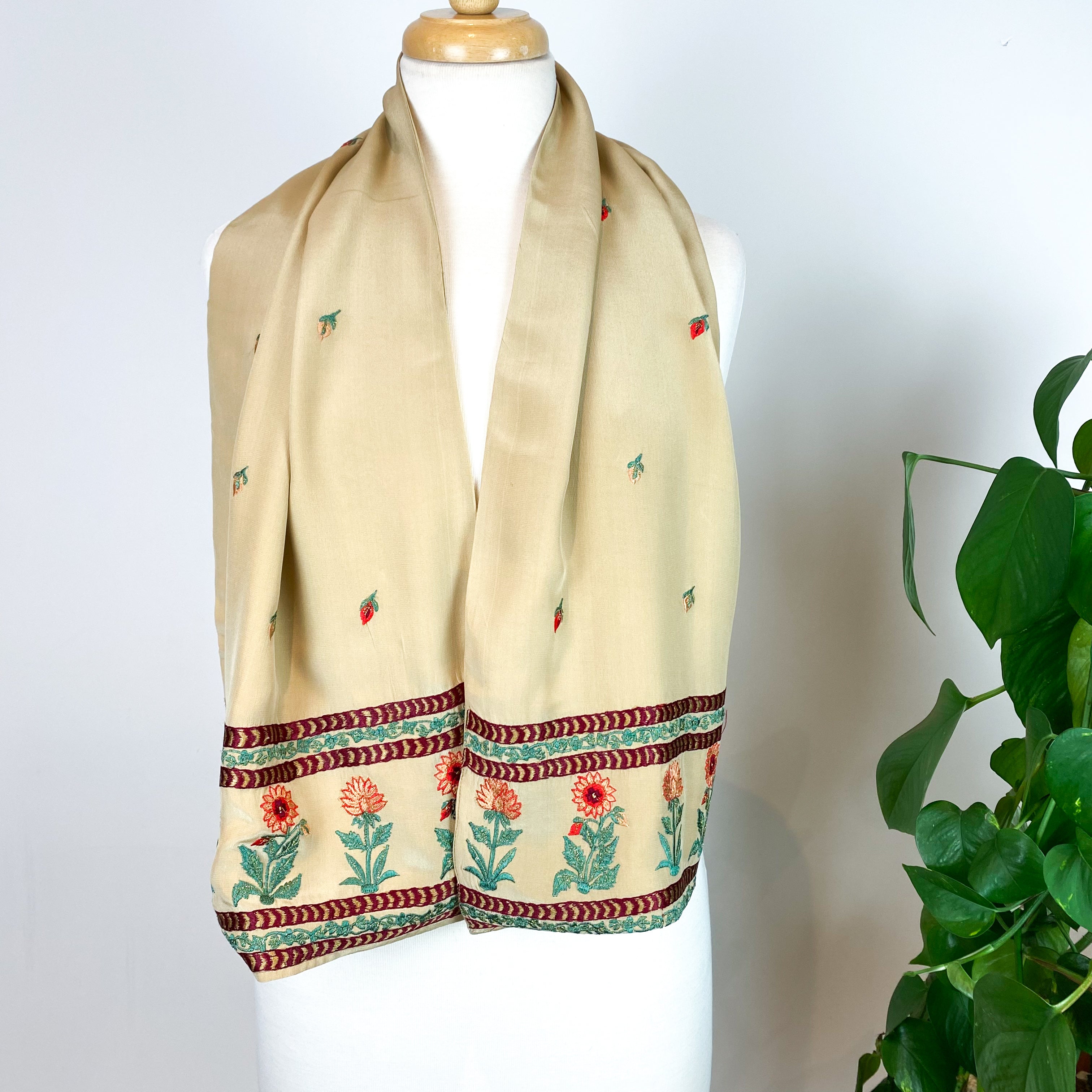 Pretty Embroidered Long Vintage Silk Scarf
