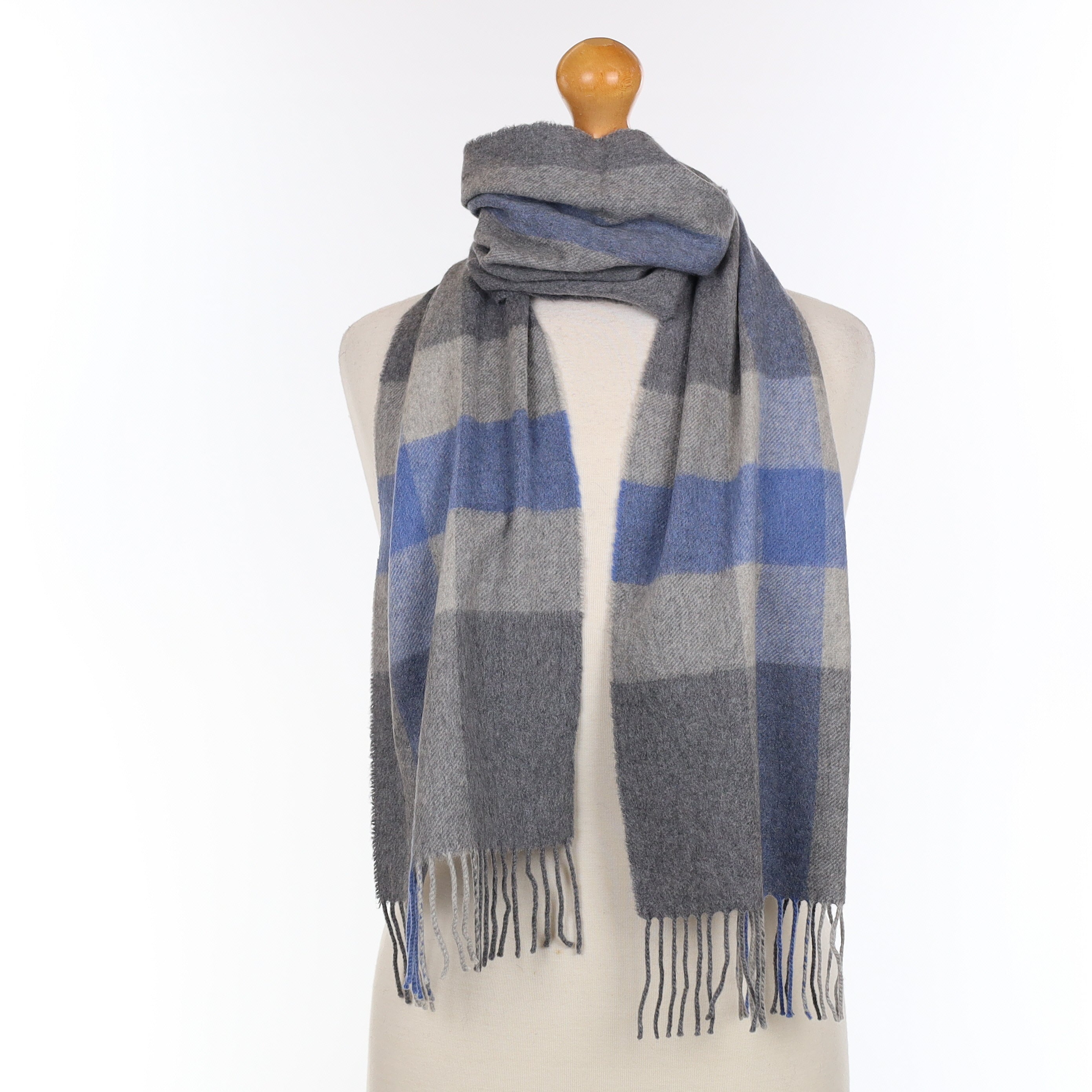 Grey and Blue Striped Cashmere Woven Scarf