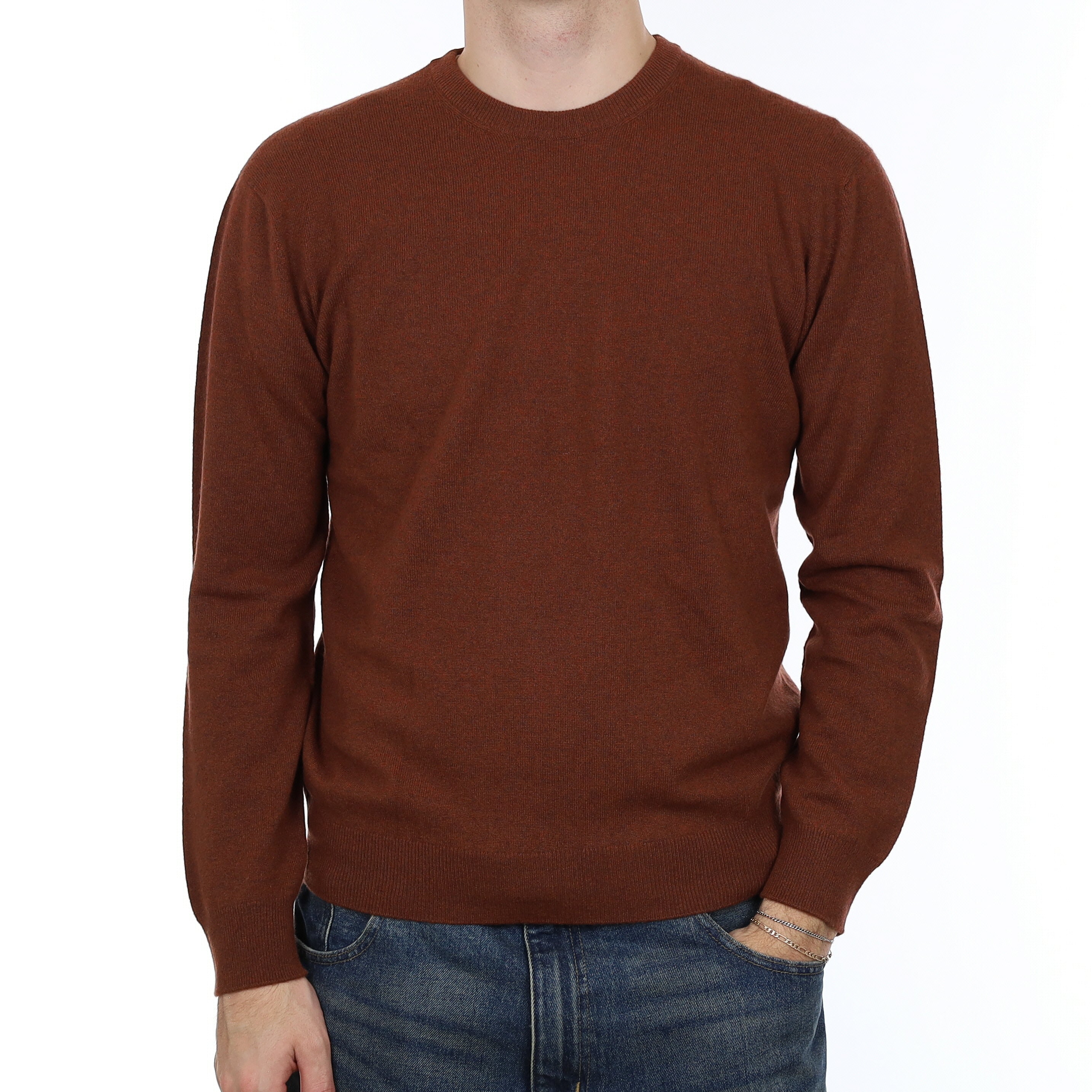 Men’s Brand New Scottish Rust Brown Cashmere Crew Neck Jumper Medium