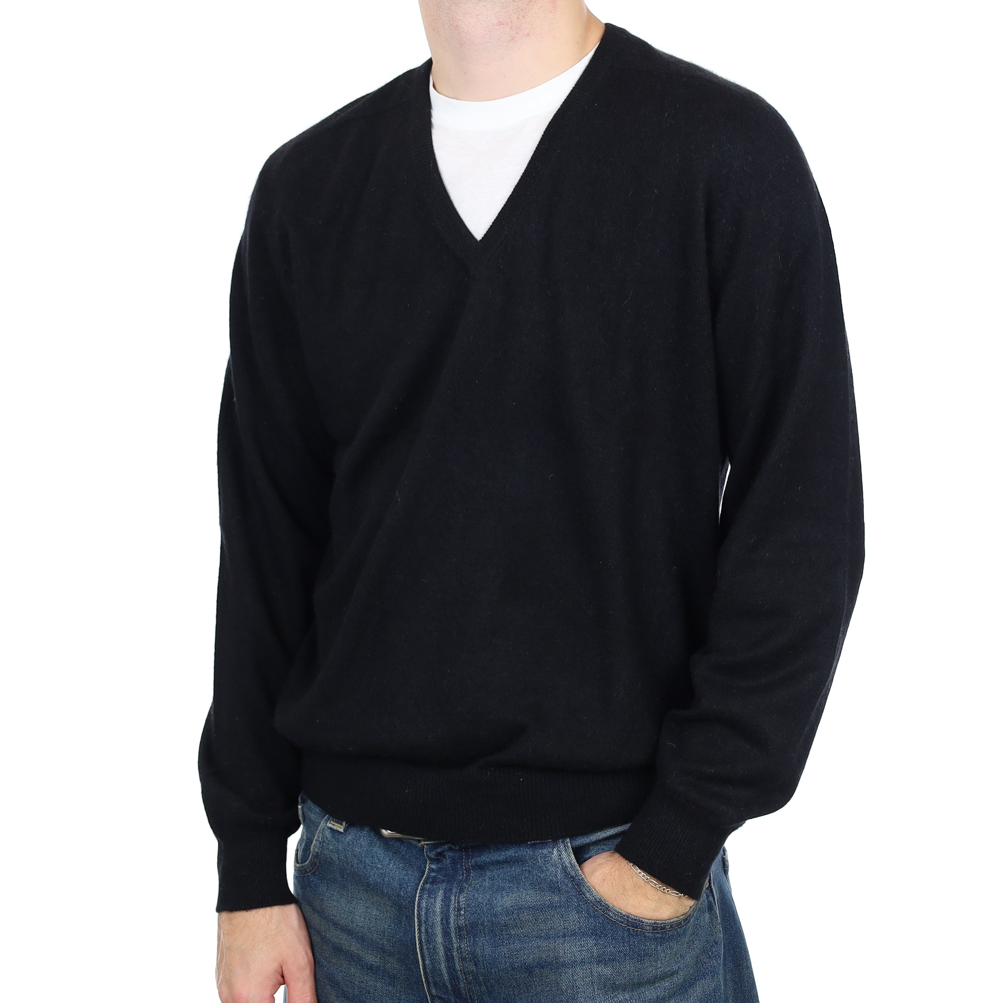 Men’s Black Cashmere V Neck Jumper Large