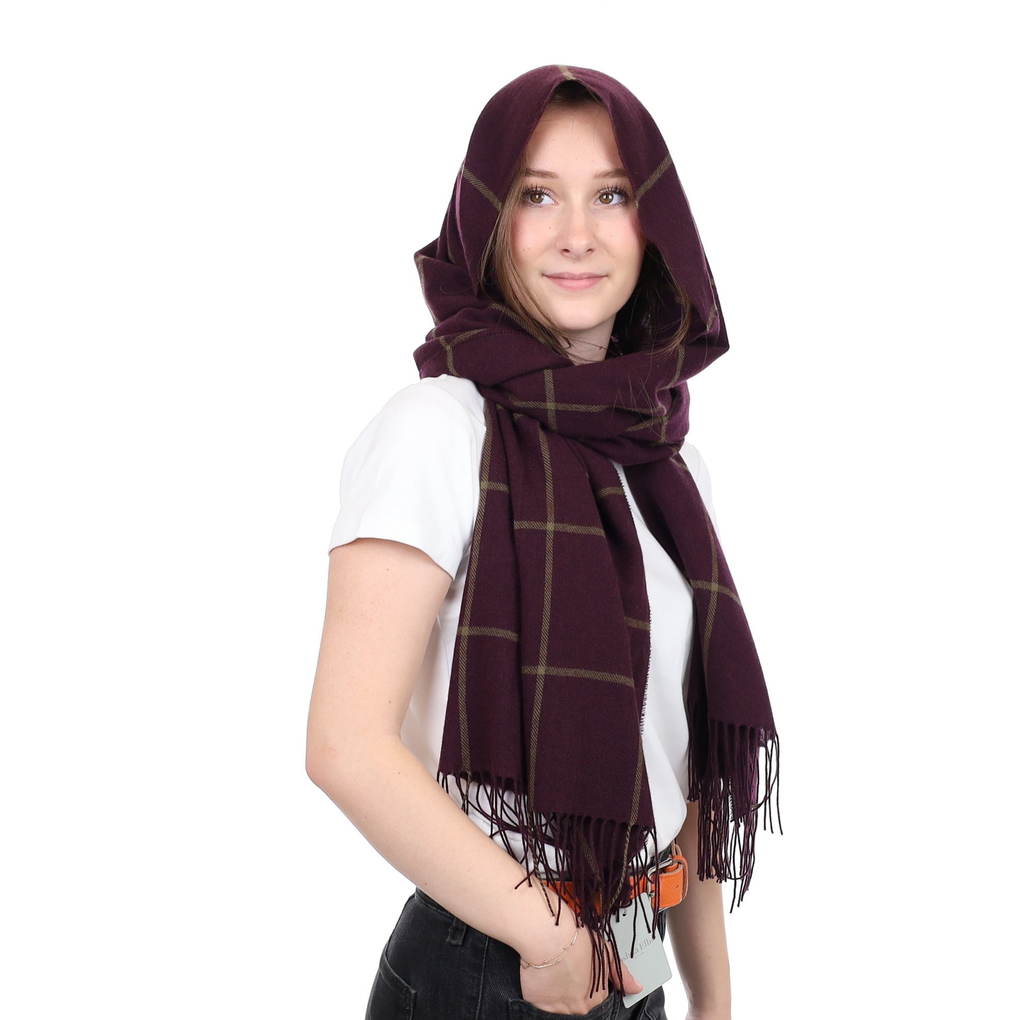 Brand New British Aubergine and Camel Check Luxury Woven Cashmere Pashmina